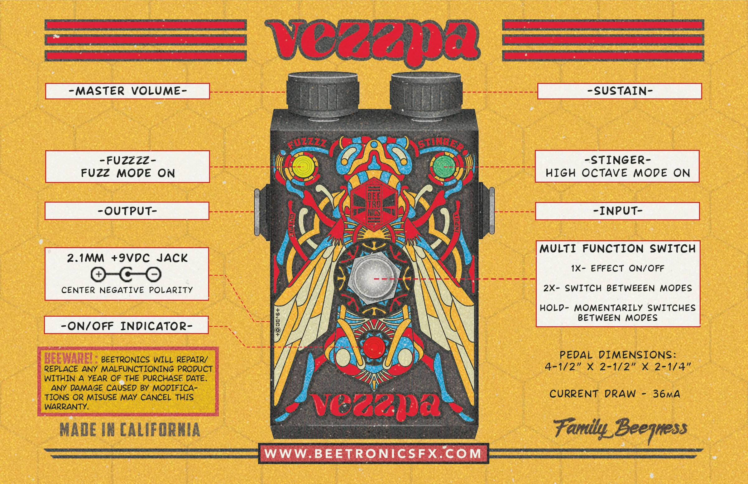 BeetronicsFX BaBee Series Vezzpa "Octave Stinger" High Octave Fuzz Guitar pedal - Image 4