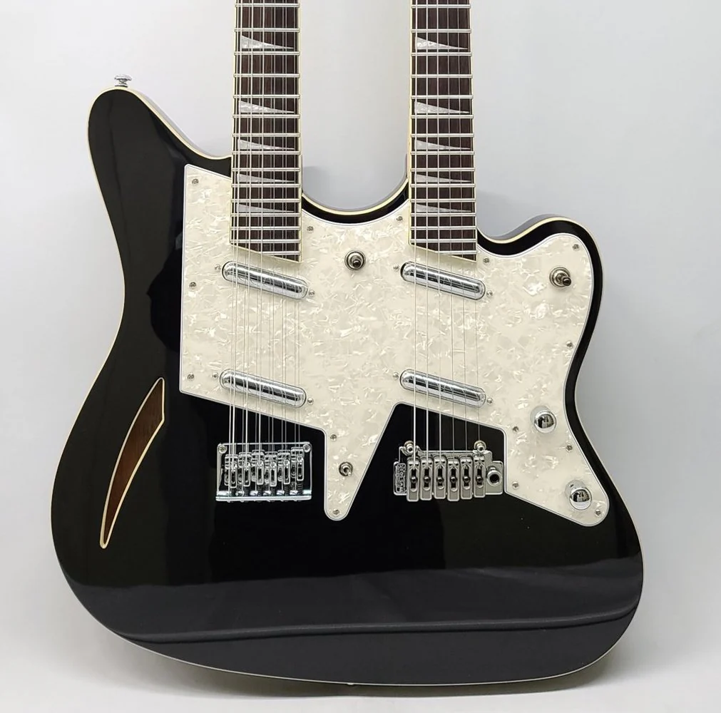 Eastwood Surfcaster 6/12 Double Neck Guitar Black With Hard Case