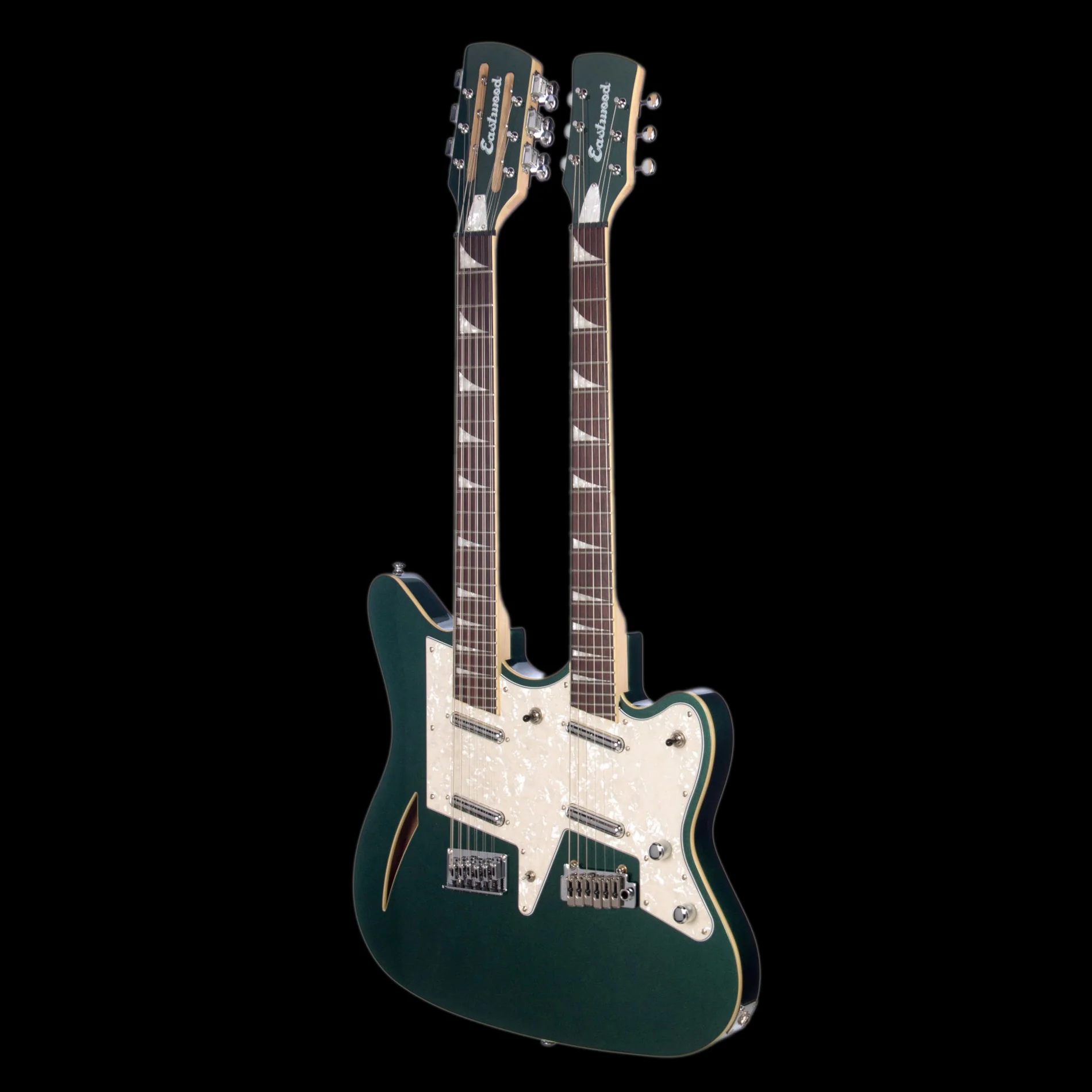 Eastwood Surfcaster 6/12 Double Neck Guitar Metallic Green with Case - Image 3