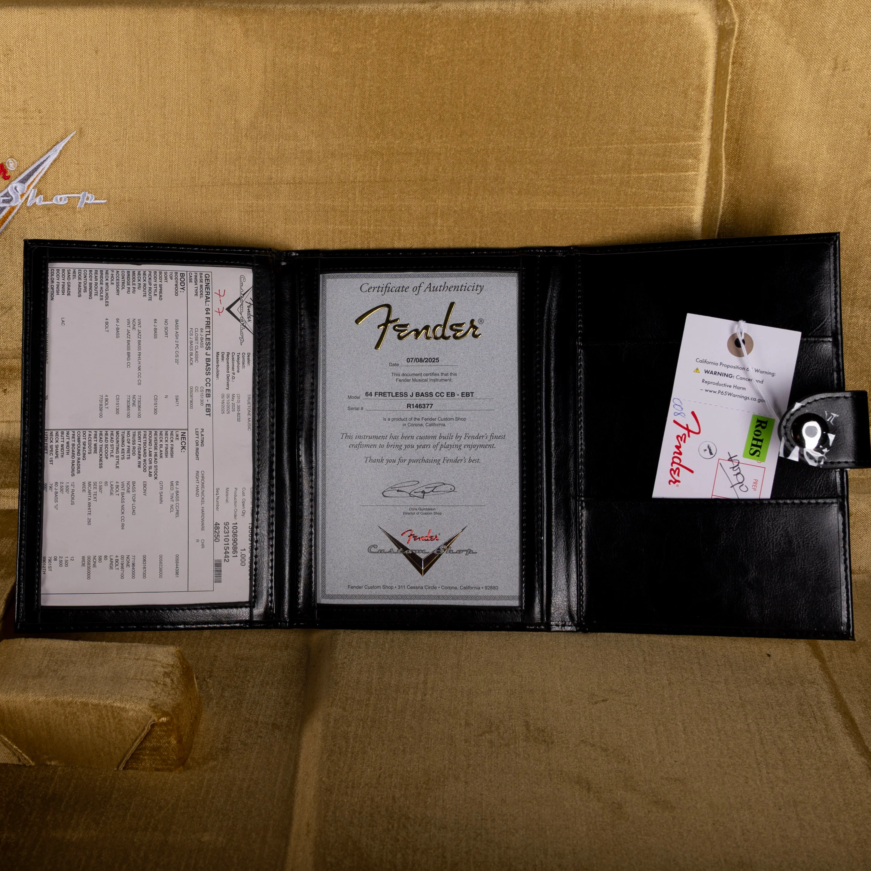 Fender Custom Shop 1964 Jazz Bass Fretless Closet Classic Ebony Transparent With Case - Image 14