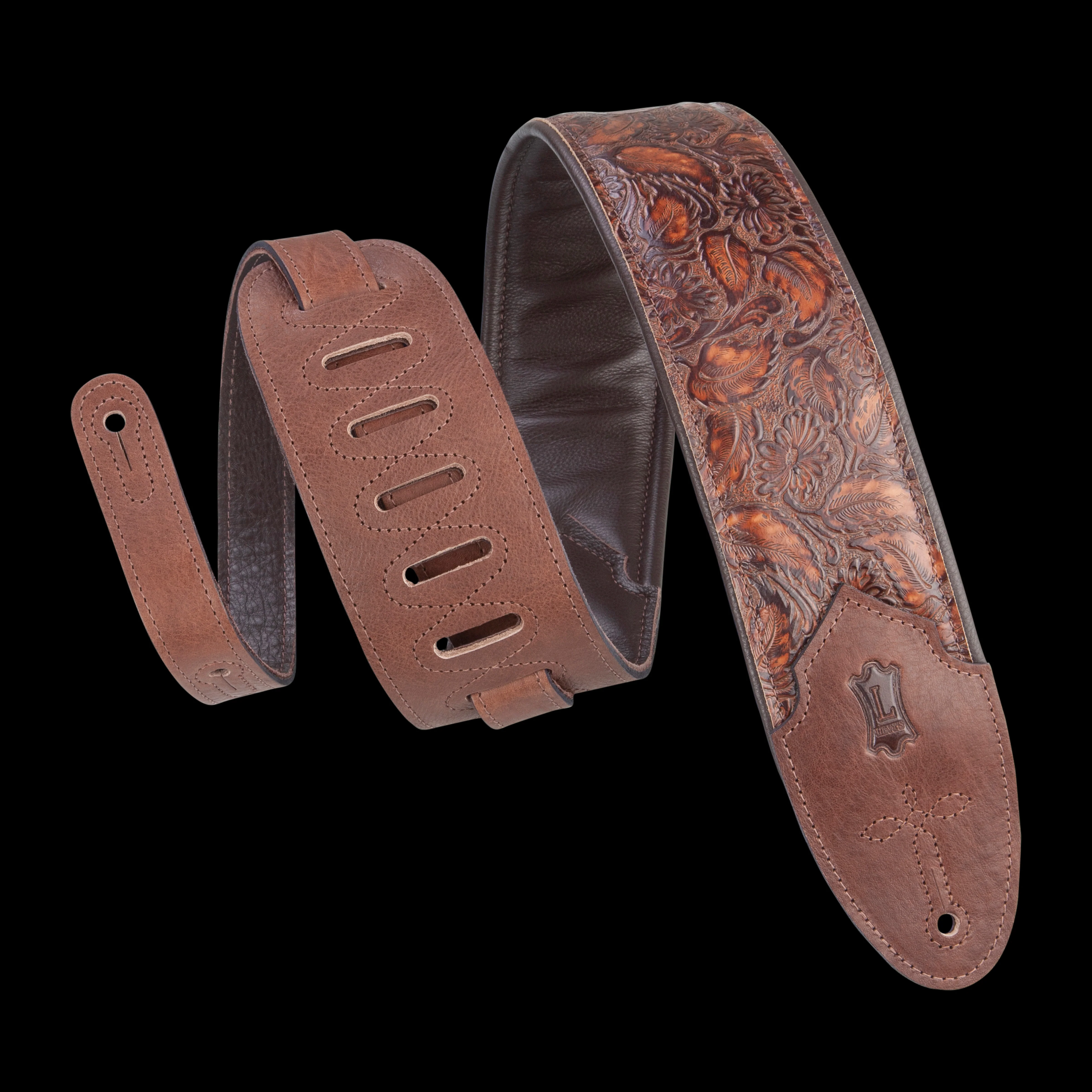 Levy's M4WP-006 3" Distress Floral Embossed Leather Guitar Strap With Garment Leather Backing