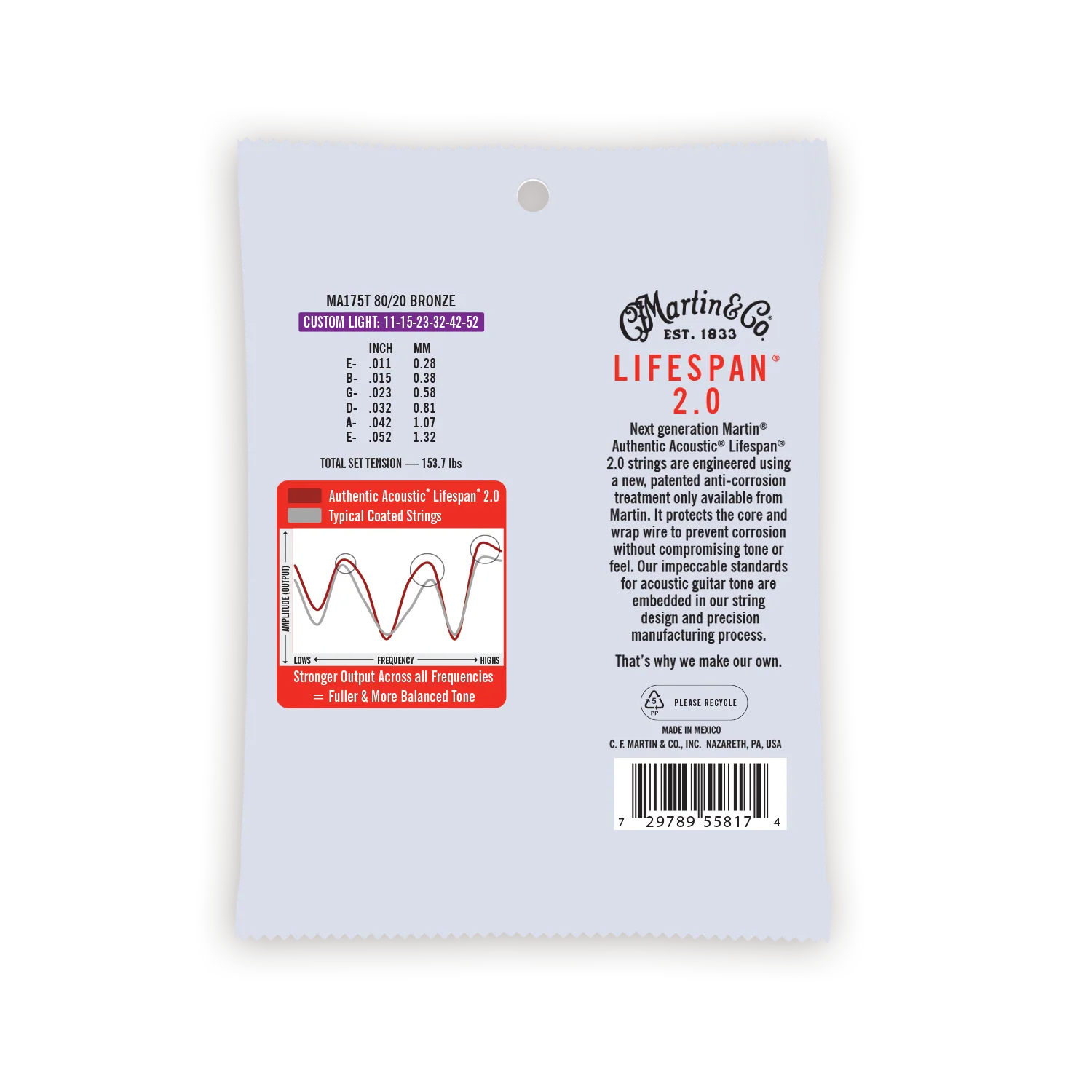Martin MA175T Lifespan 2.0 Authentic Treated Custom Light 11-52 80/20 Bronze Acoustic Guitar Strings - Image 2