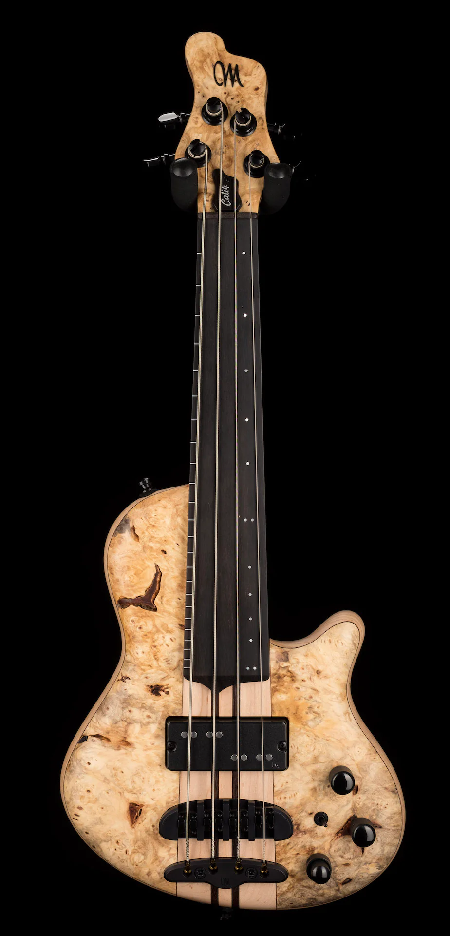 Mayones Cali4 Lined Fretless Bass Buckeye Burl Top Swamp Ash Back Ebony Board w/ Case - Image 2
