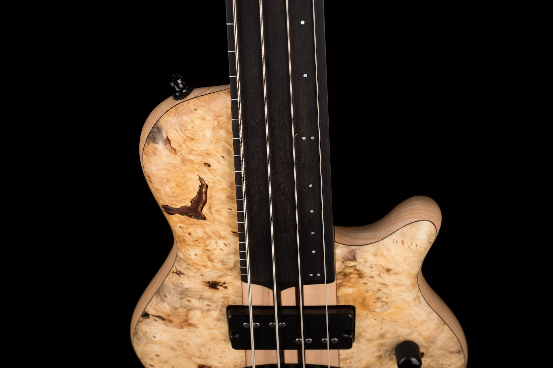 Mayones Cali4 Lined Fretless Bass Buckeye Burl Top Swamp Ash Back Ebony Board w/ Case - Image 3