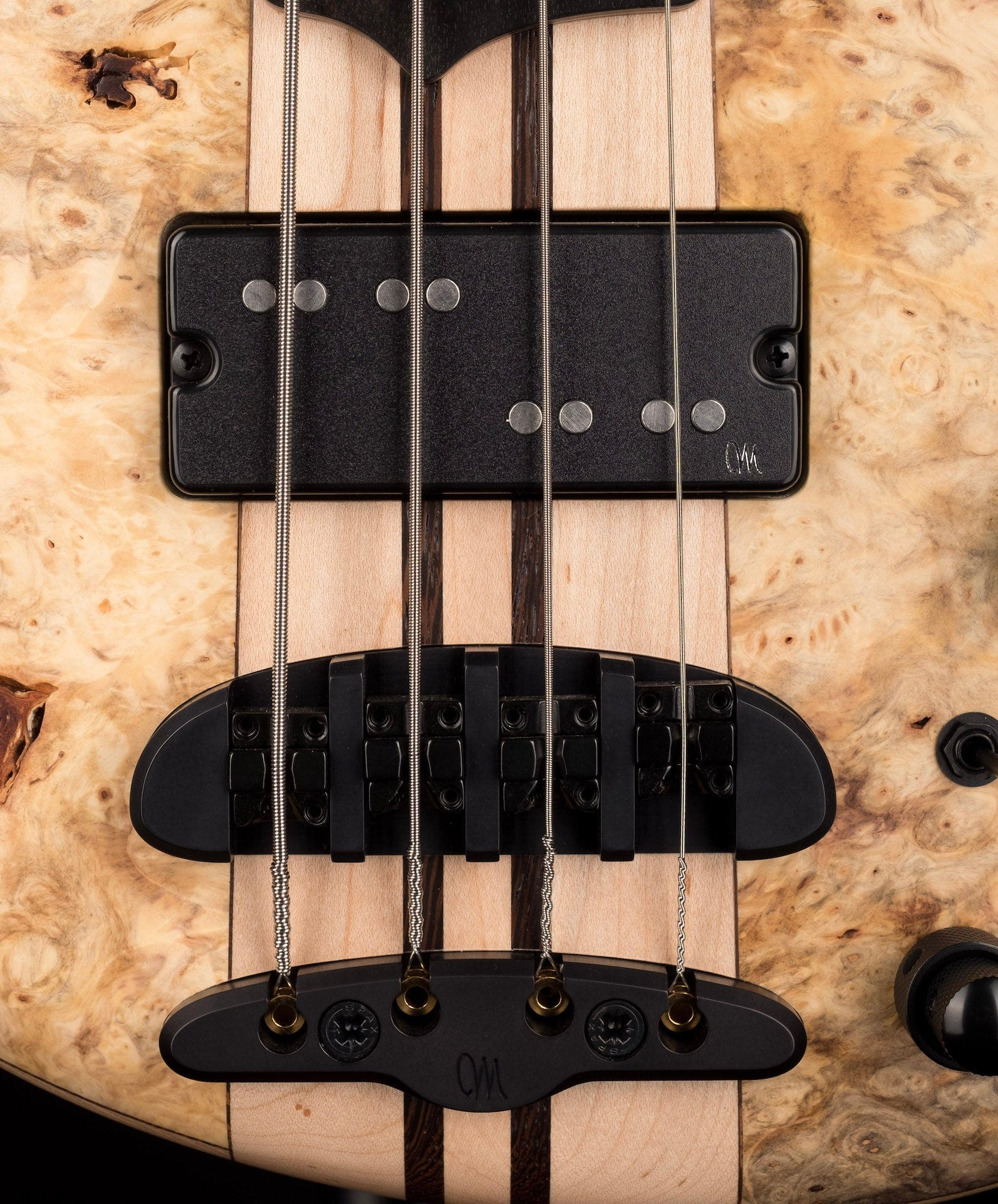 Mayones Cali4 Lined Fretless Bass Buckeye Burl Top Swamp Ash Back Ebony Board w/ Case - Image 4