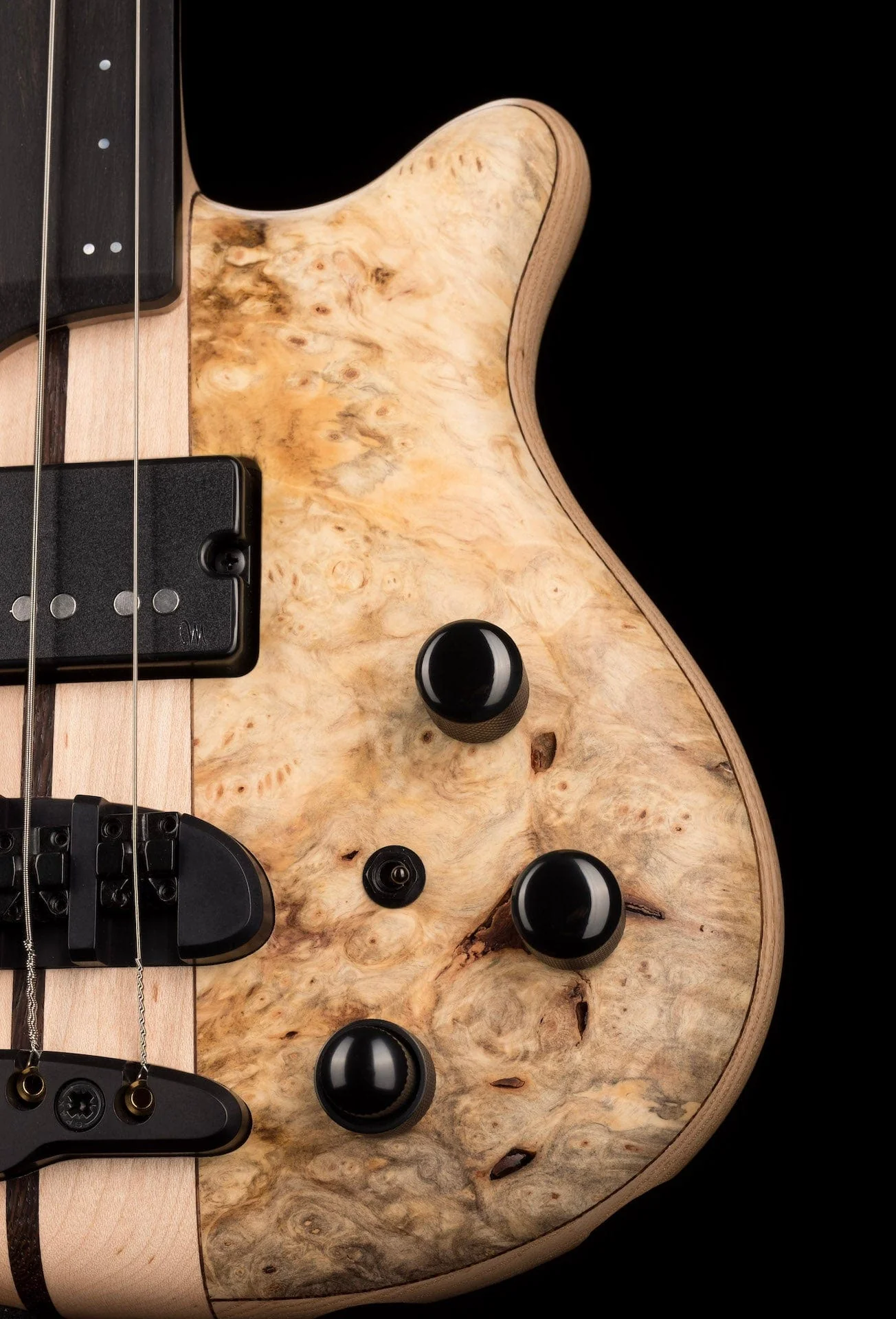 Mayones Cali4 Lined Fretless Bass Buckeye Burl Top Swamp Ash Back Ebony Board w/ Case - Image 5
