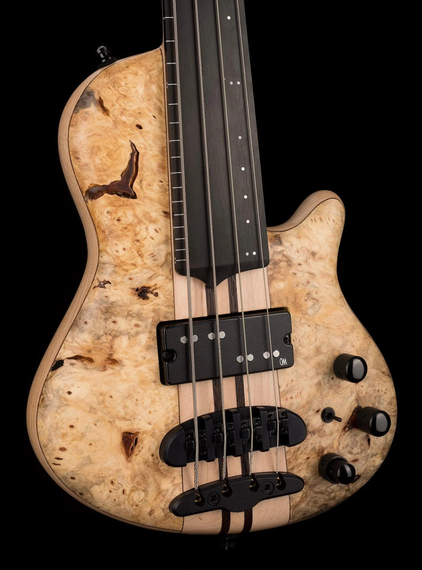 Mayones Cali4 Lined Fretless Bass Buckeye Burl Top Swamp Ash Back Ebony Board w/ Case - Image 6
