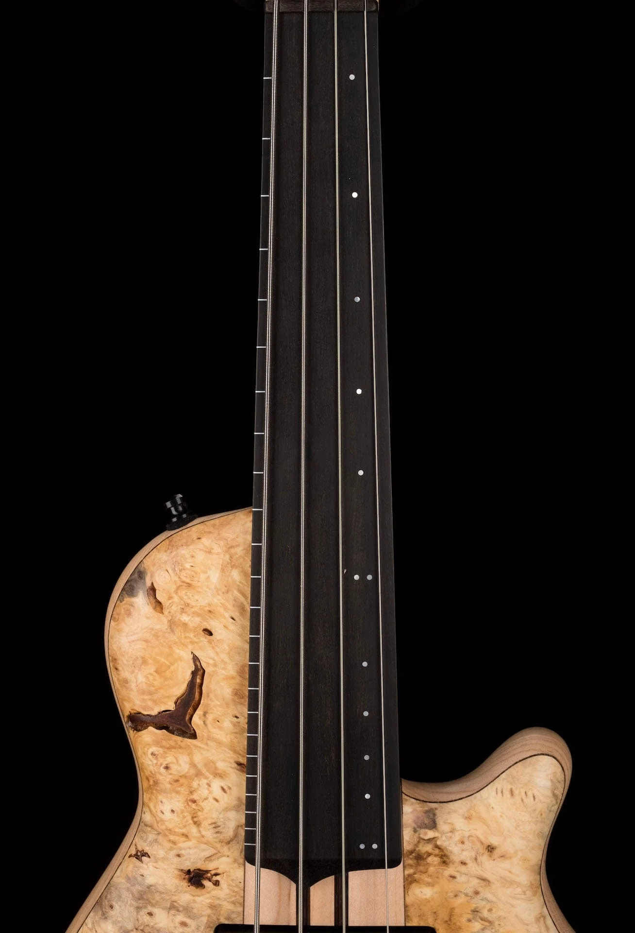 Mayones Cali4 Lined Fretless Bass Buckeye Burl Top Swamp Ash Back Ebony Board w/ Case - Image 7