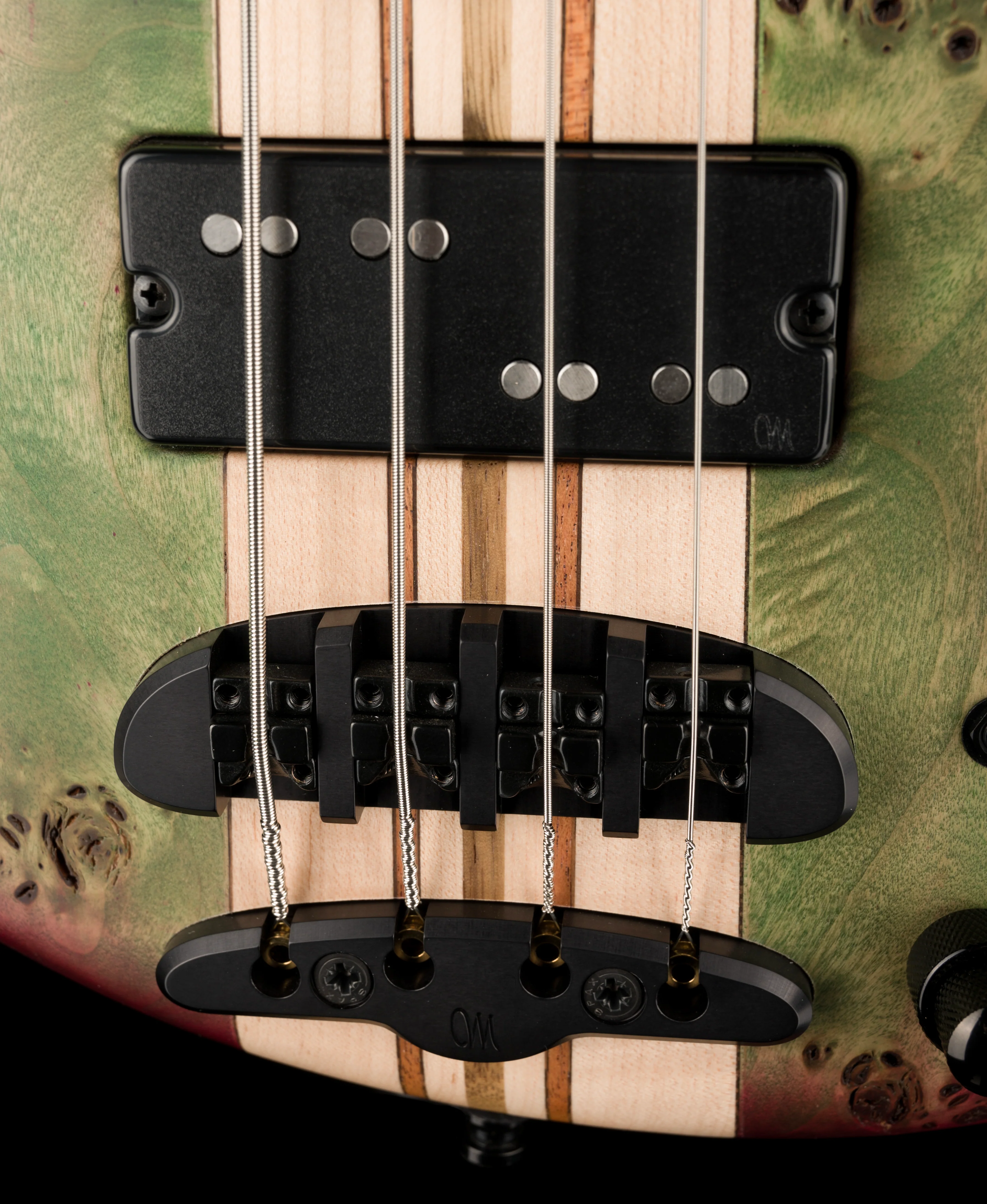 Mayones Cali4 17.5" Scale Bass Swamp Ash TEW Body 3A Eye Poplar Top Custom Color Goblinburst - Image 4