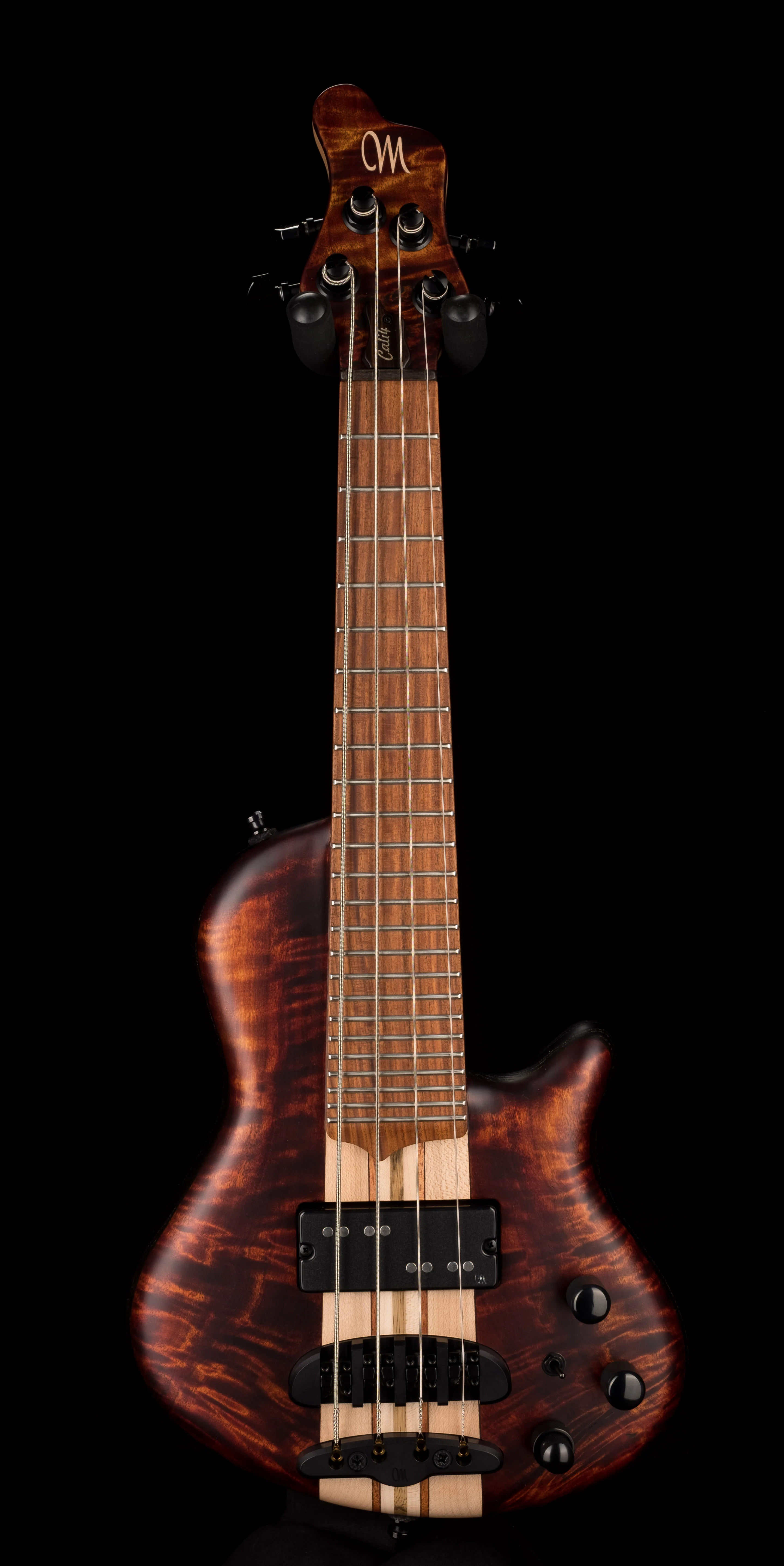 Mayones Cali4 Bass 17.5" Scale 3A Burl Maple Top/Swamp Ash Body Trans Root Beer Finish with Case - Image 2