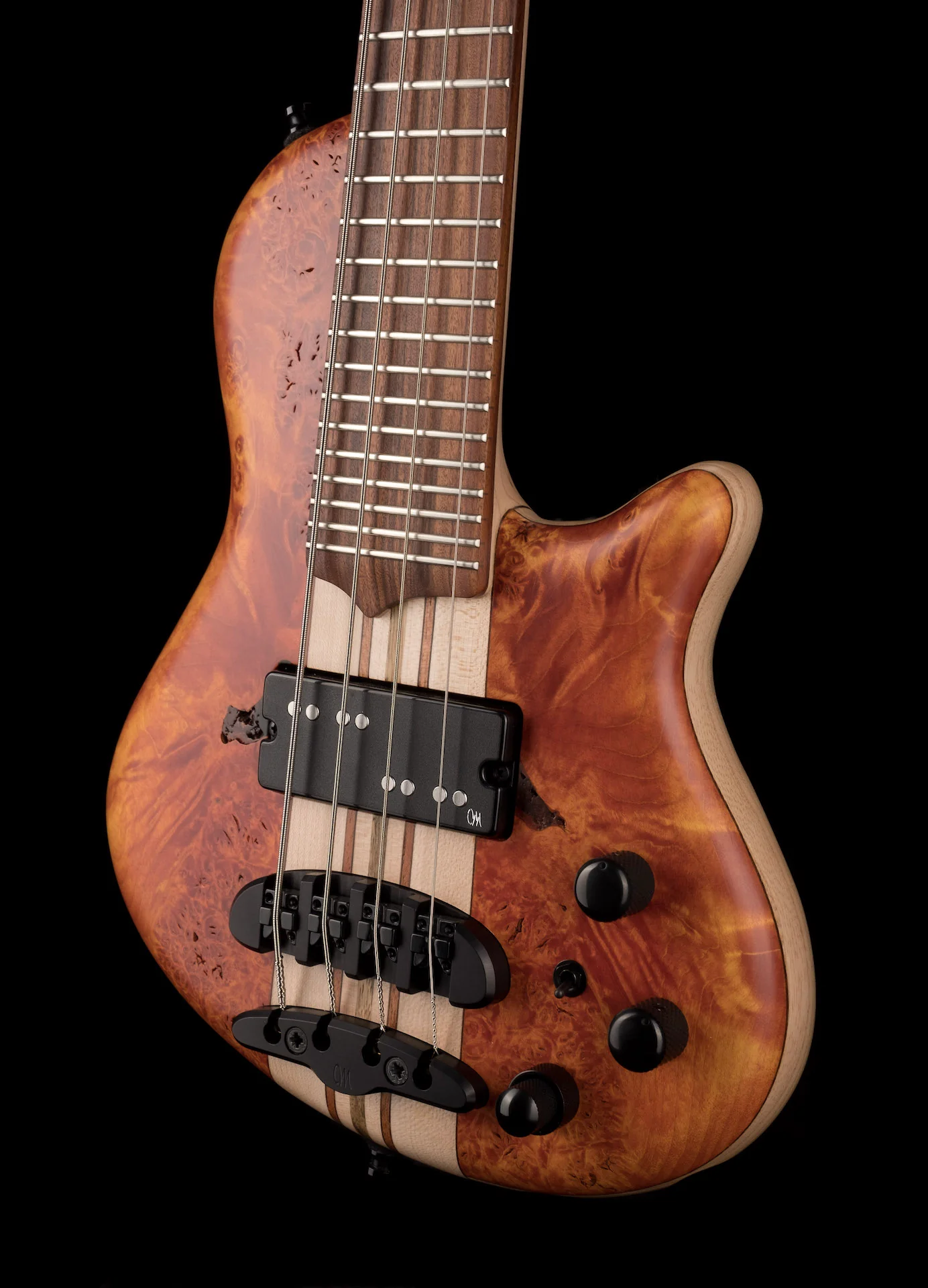 Mayones Cali4 Bass 17.5" Scale 3A Burl Maple Top/Swamp Ash Body Trans Orange Dreamsicle Finish with Case - Image 3