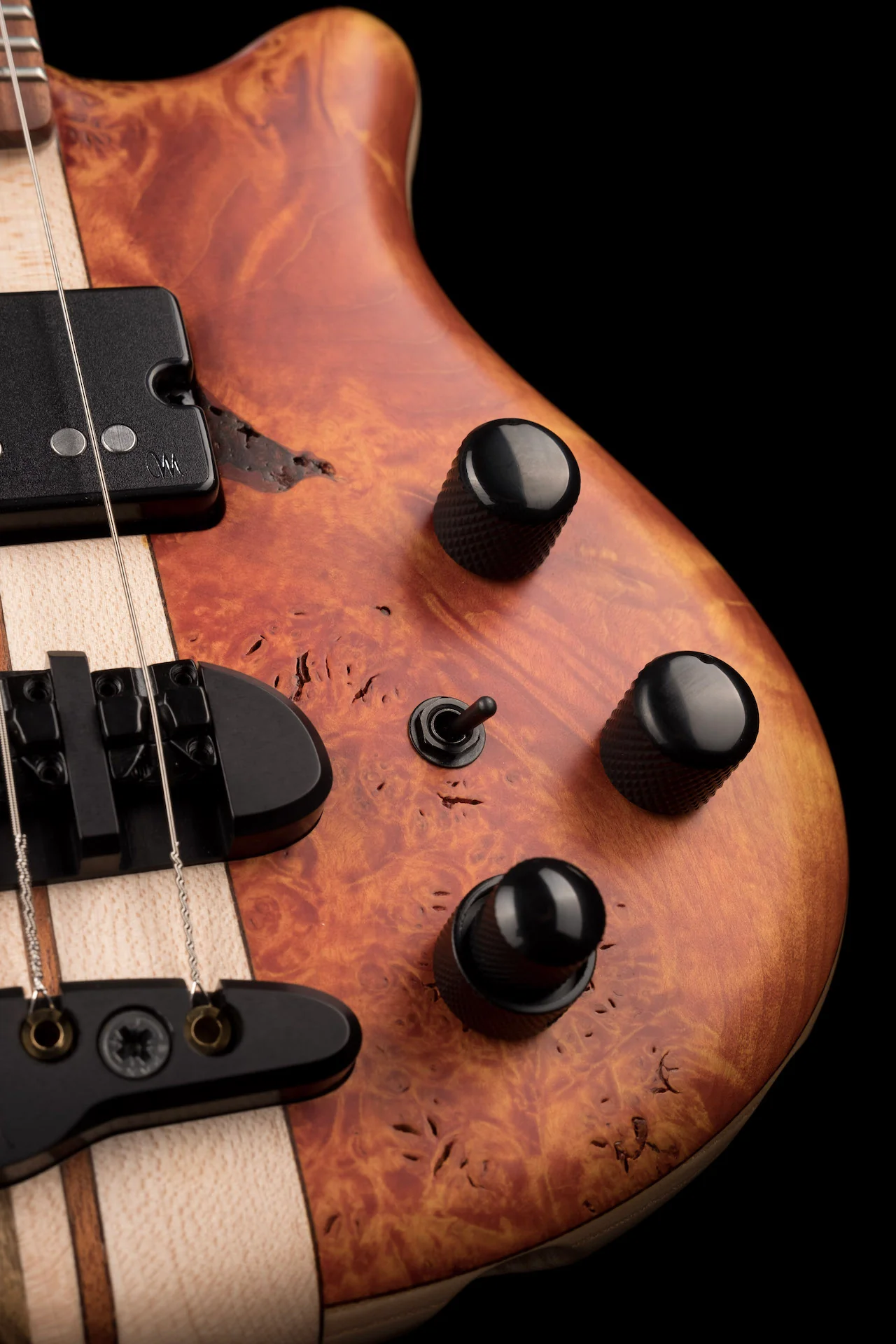 Mayones Cali4 Bass 17.5" Scale 3A Burl Maple Top/Swamp Ash Body Trans Orange Dreamsicle Finish with Case - Image 5