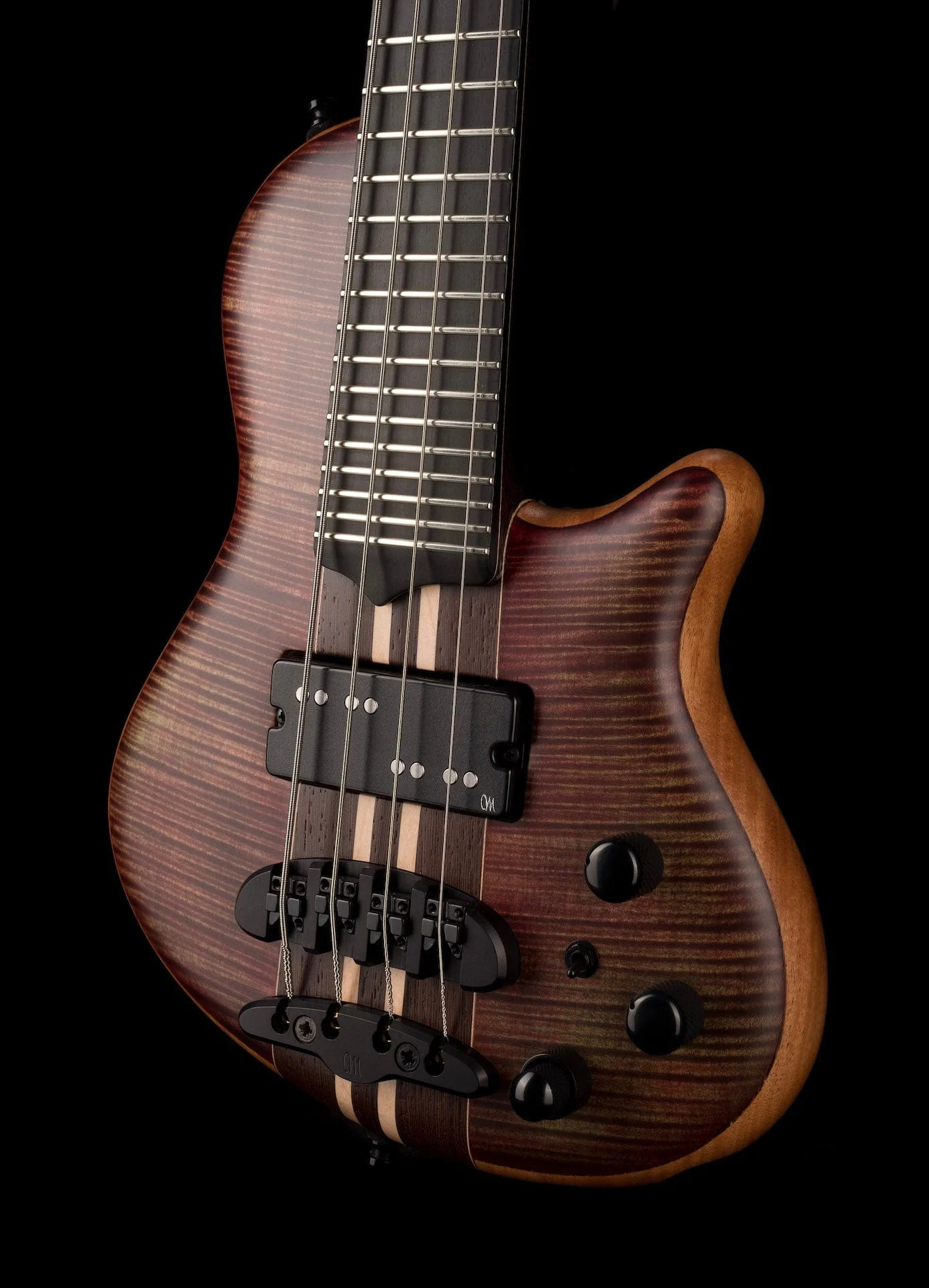 Mayones Cali4 Bass 17.5" Scale  Flamed 3A Maple Top/Mahogany Body Trans Tortoise Brown Finish with Case - Image 3