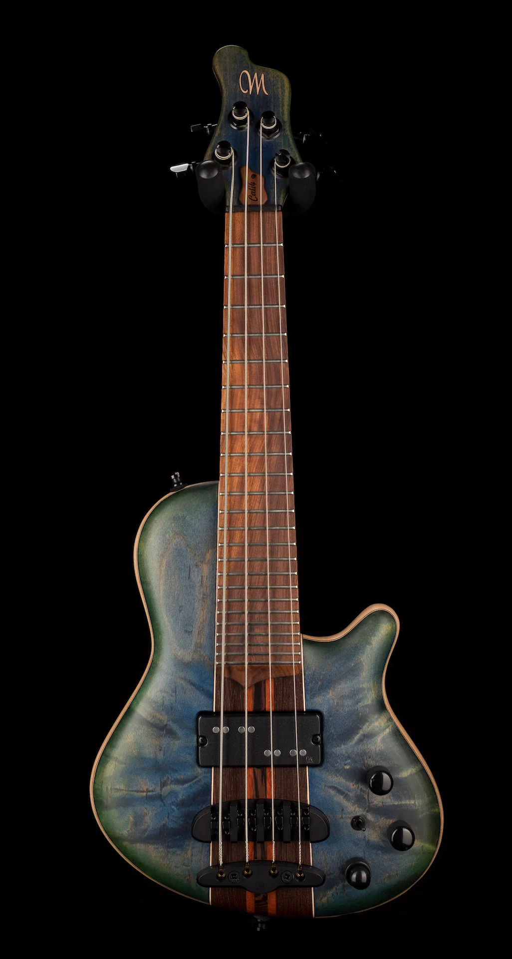 Mayones Cali4 Bass 17.5" Scale Maple TEW Top/Swamp Ash Body Trans Blue Denim Finish with Case - Image 2