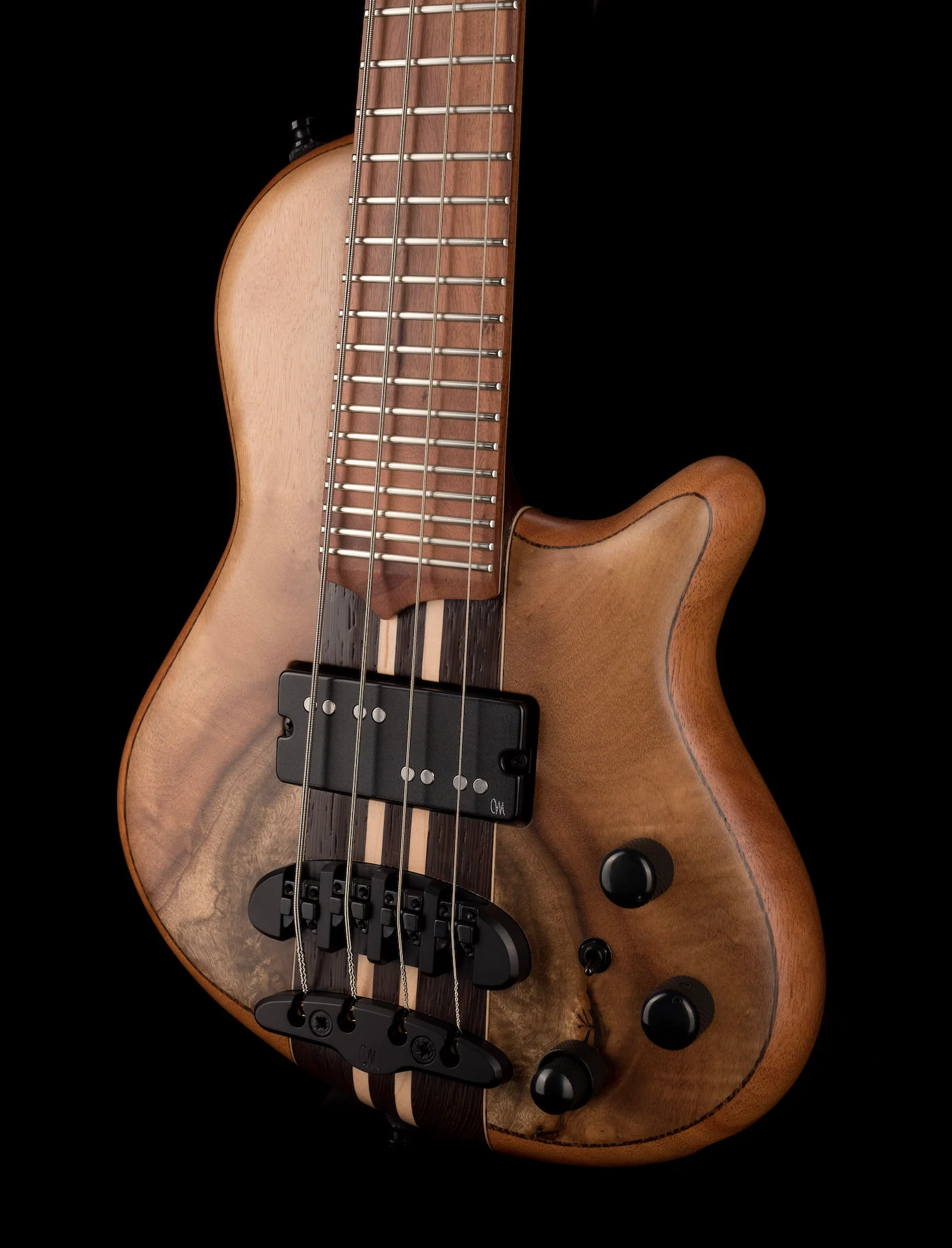 Mayones Cali4 Bass 17.5" Scale  Myrtlewood Figured Top/Mahogany Body Trans Natural Finish with Case - Image 3