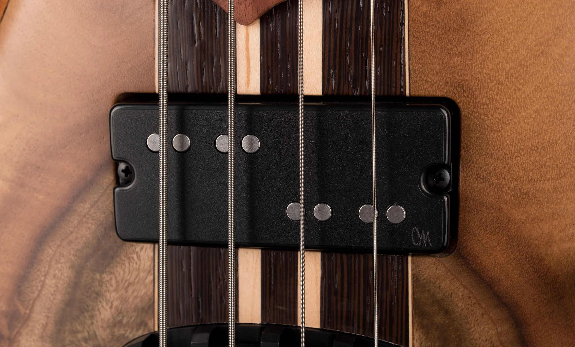 Mayones Cali4 Bass 17.5" Scale  Myrtlewood Figured Top/Mahogany Body Trans Natural Finish with Case - Image 4