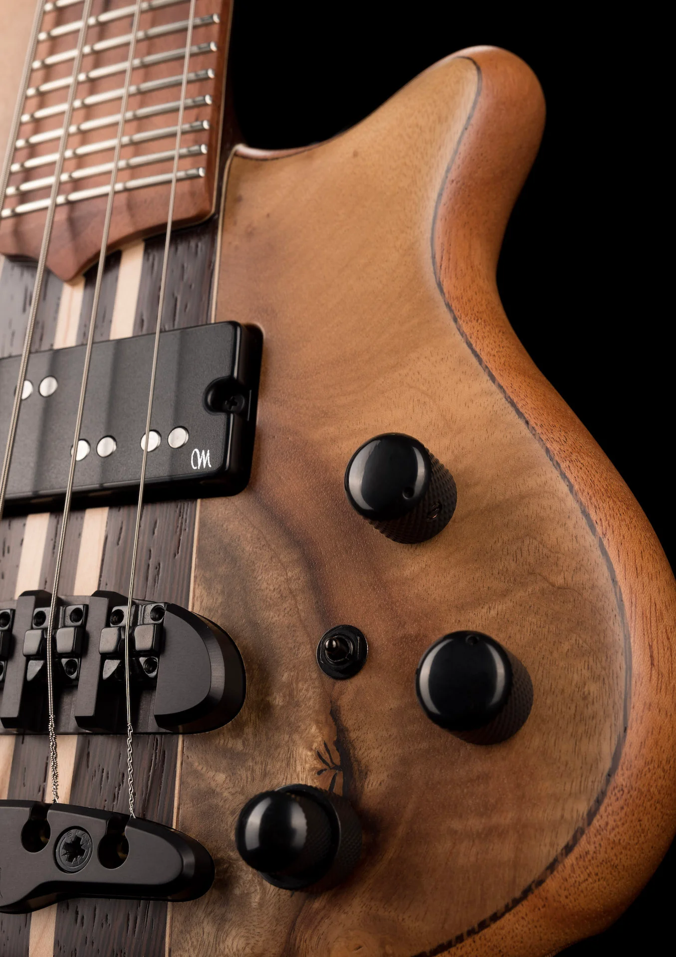Mayones Cali4 Bass 17.5" Scale  Myrtlewood Figured Top/Mahogany Body Trans Natural Finish with Case - Image 5