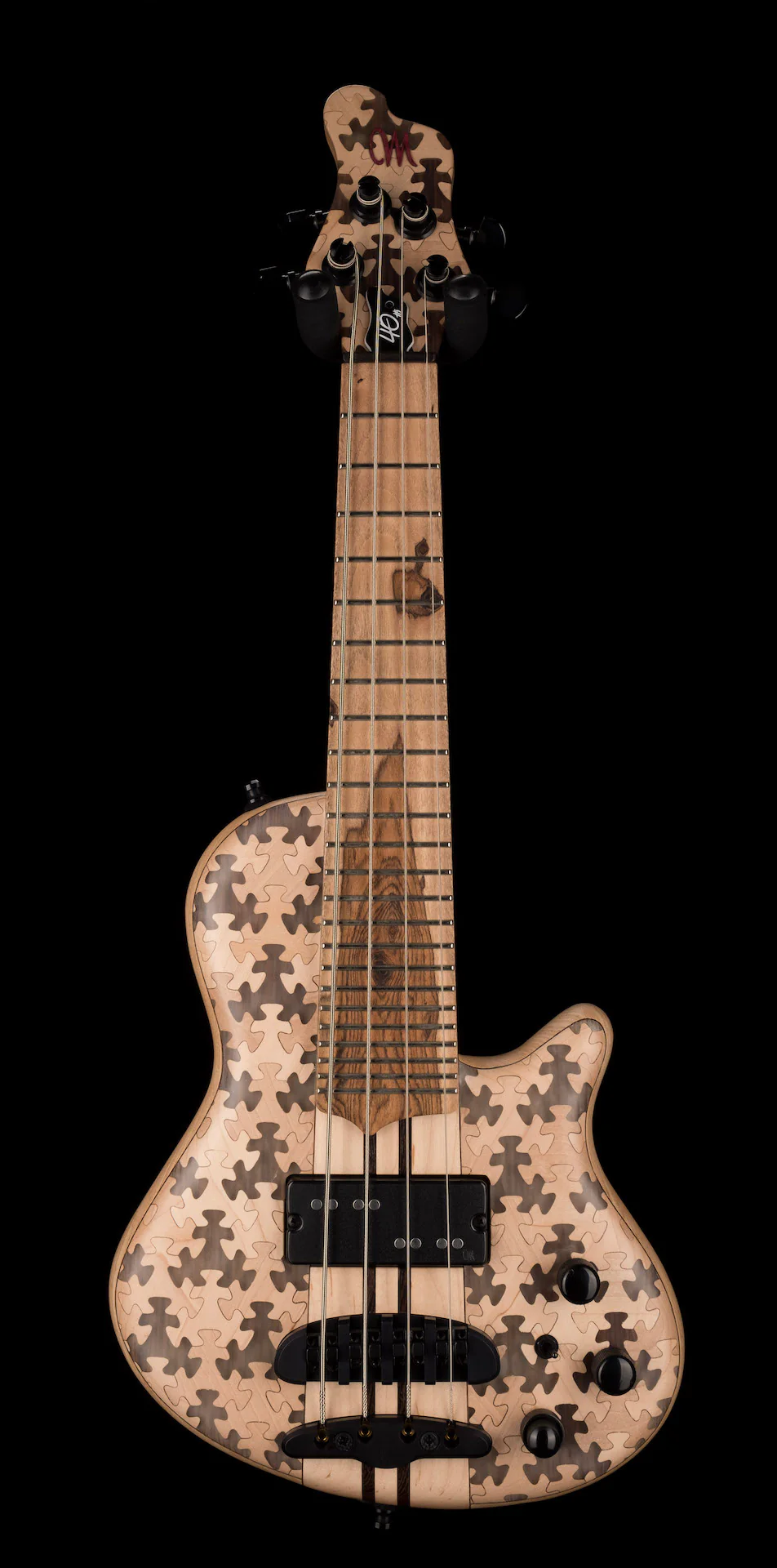 Mayones Cali4 Bass 17.5" Scale Swamp Ash Body Triskelion Top Natural Matt Finish with Case - Image 3