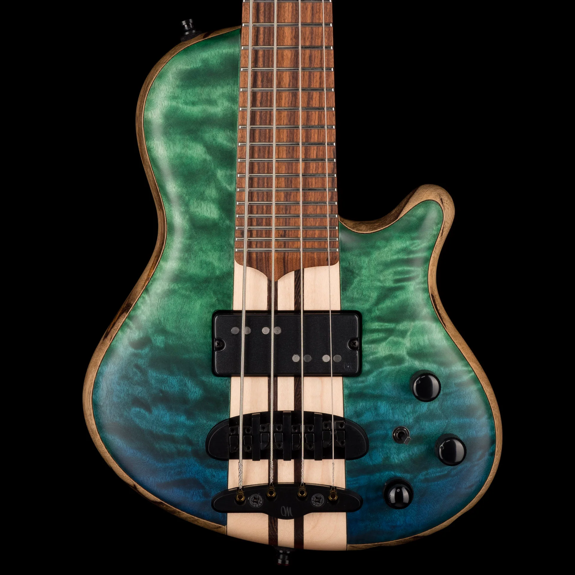 Mayones Cali4 Bass Black Limba Body 3A Quilted Maple Top Trans Blue & Green