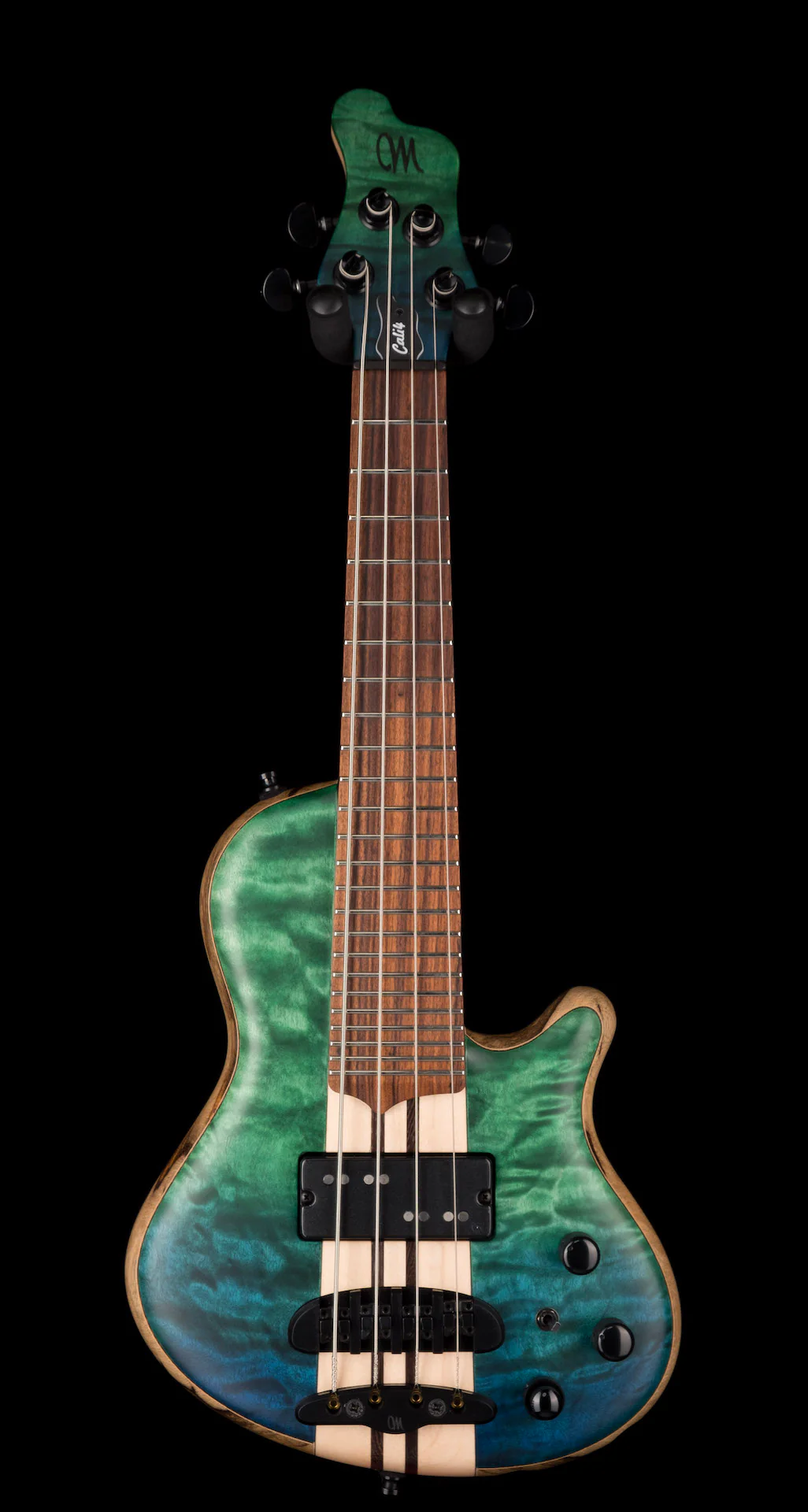 Mayones Cali4 Bass Black Limba Body 3A Quilted Maple Top Trans Blue & Green - Image 2