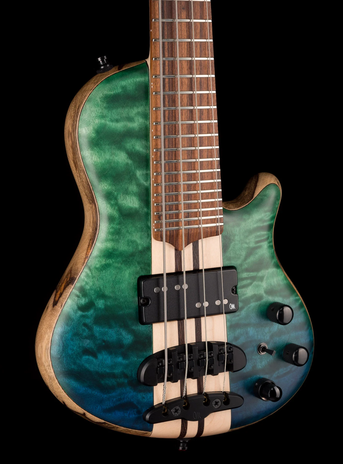 Mayones Cali4 Bass Black Limba Body 3A Quilted Maple Top Trans Blue & Green - Image 8