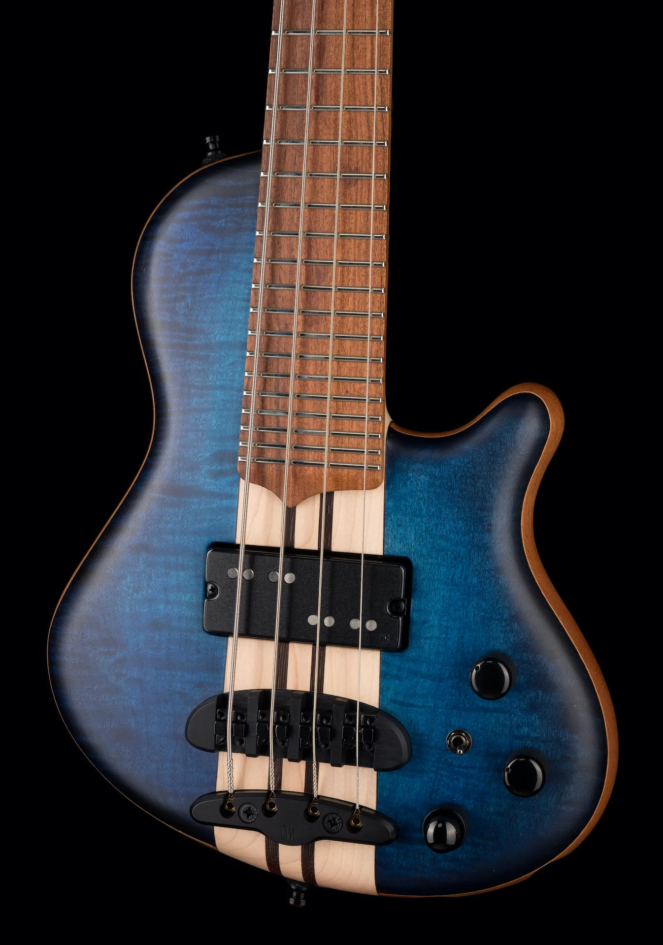 Mayones Cali4 Bass Mahogany Body 3A Flame Maple Top Trans Blue - Image 3