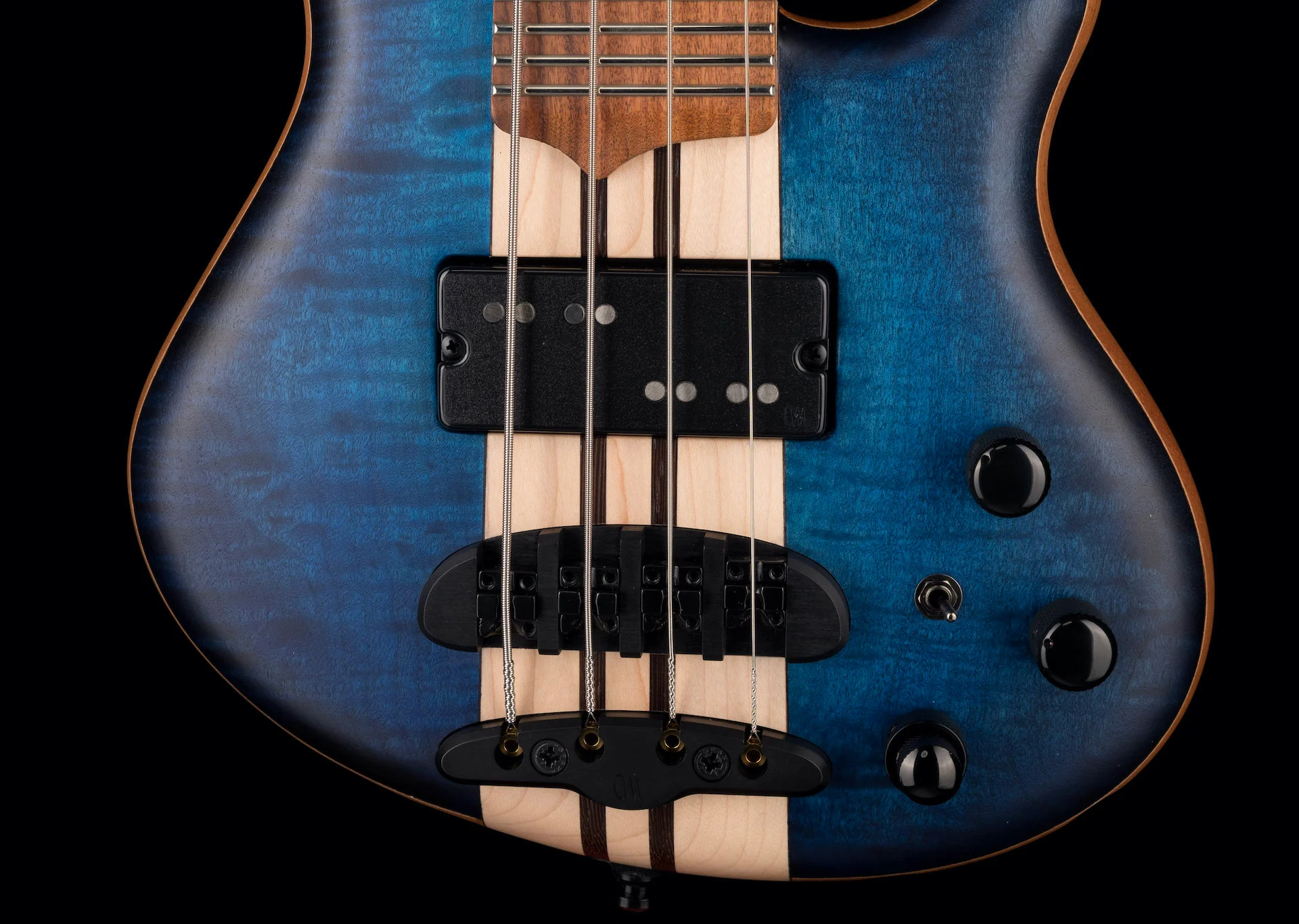Mayones Cali4 Bass Mahogany Body 3A Flame Maple Top Trans Blue - Image 4