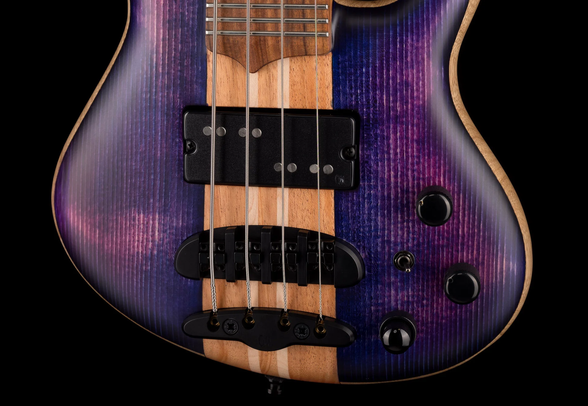 Mayones Cali4 Bass Black Limba Body Spruce Top Trans Purple - Image 5
