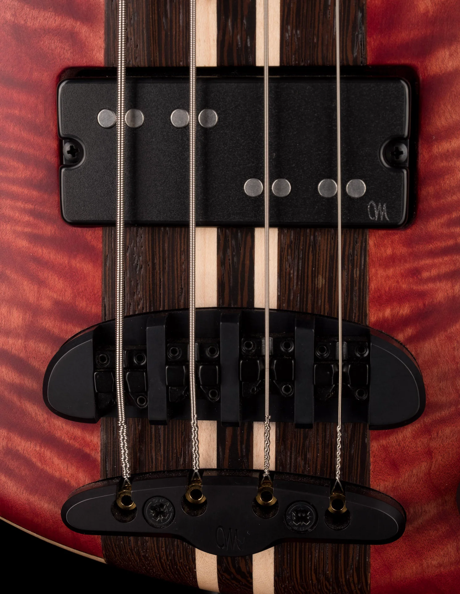 Mayones Cali4 Fretless Bass 17.5" Scale Swamp Ash Body 3A Flame Maple Top Scarlet Red w Case - Image 4
