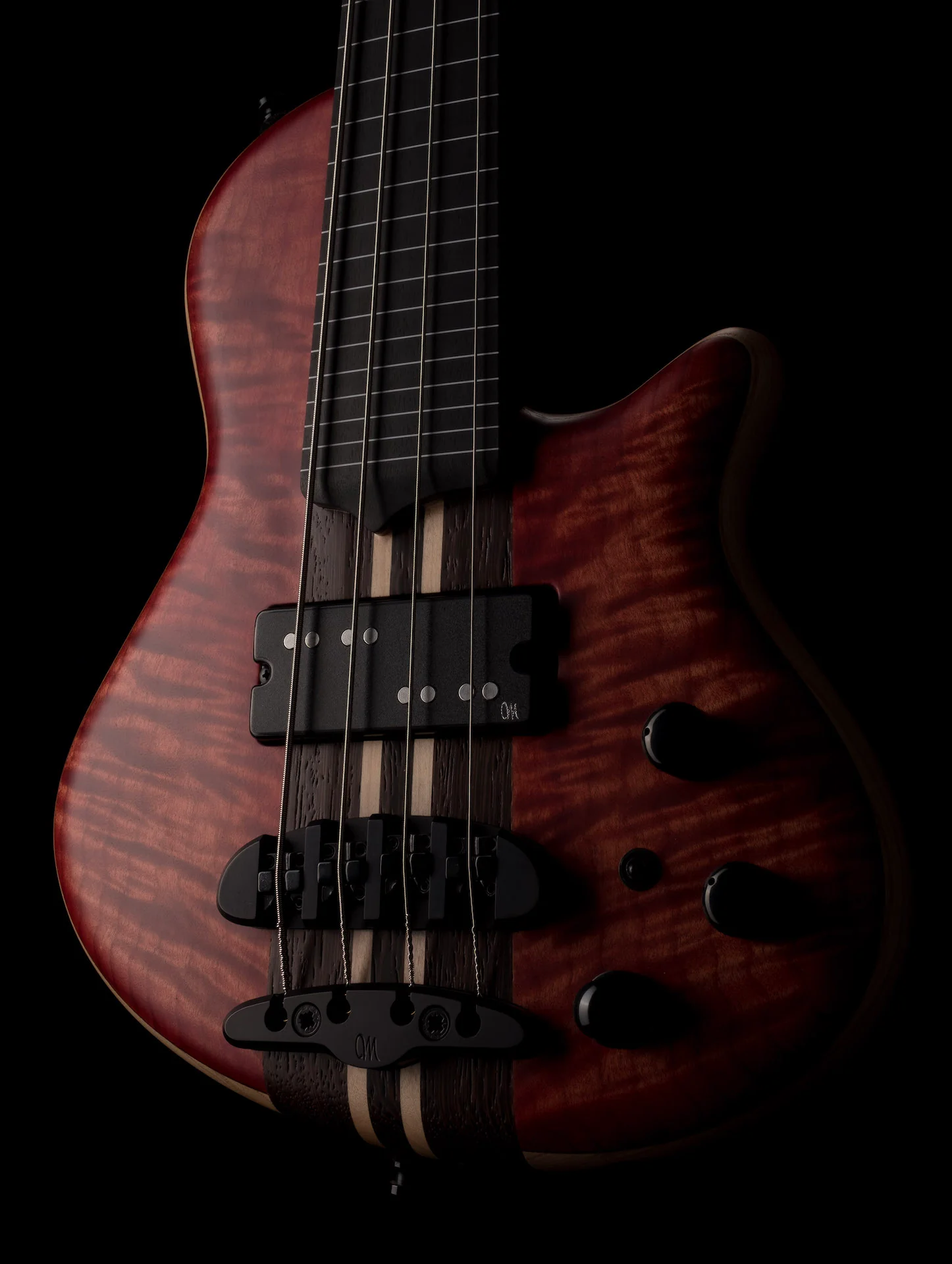 Mayones Cali4 Fretless Bass 17.5" Scale Swamp Ash Body 3A Flame Maple Top Scarlet Red w Case - Image 7
