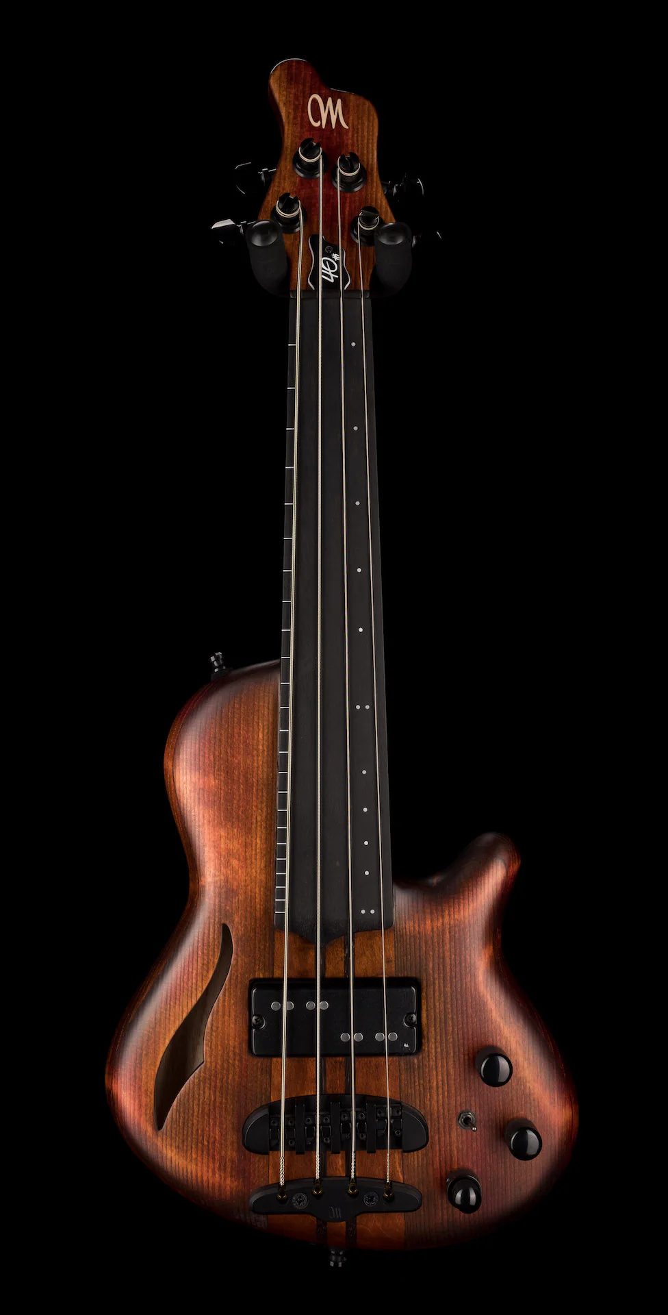 Mayones Cali4 Fretless Bass 17.5" Scale Swamp Ash Semi Hollow Body Spruce Top Antique Brown Matt Finish w Case - Image 2
