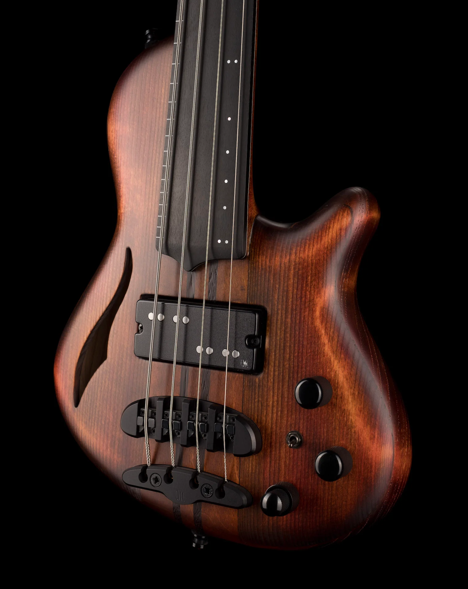 Mayones Cali4 Fretless Bass 17.5" Scale Swamp Ash Semi Hollow Body Spruce Top Antique Brown Matt Finish w Case - Image 3