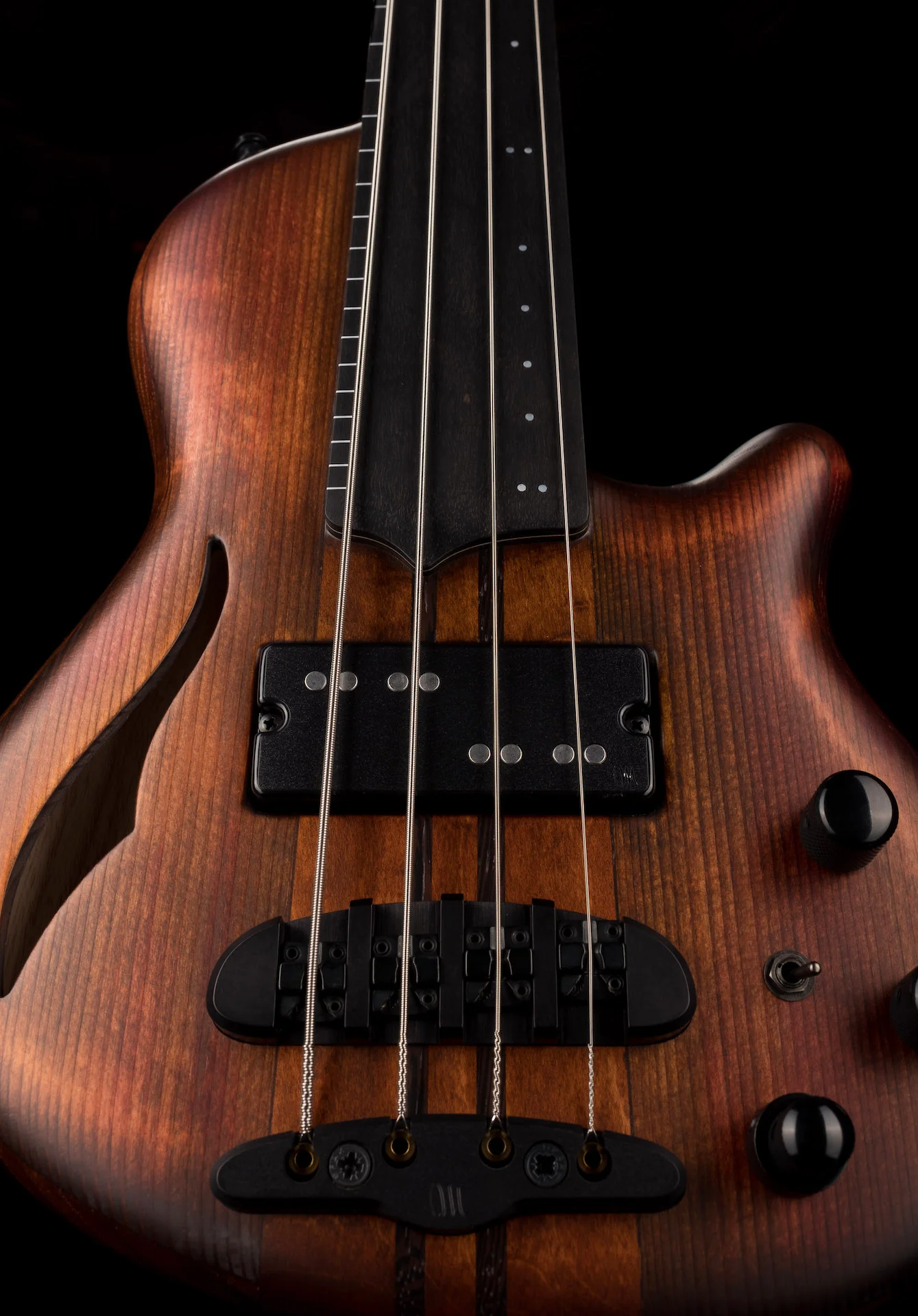 Mayones Cali4 Fretless Bass 17.5" Scale Swamp Ash Semi Hollow Body Spruce Top Antique Brown Matt Finish w Case - Image 6