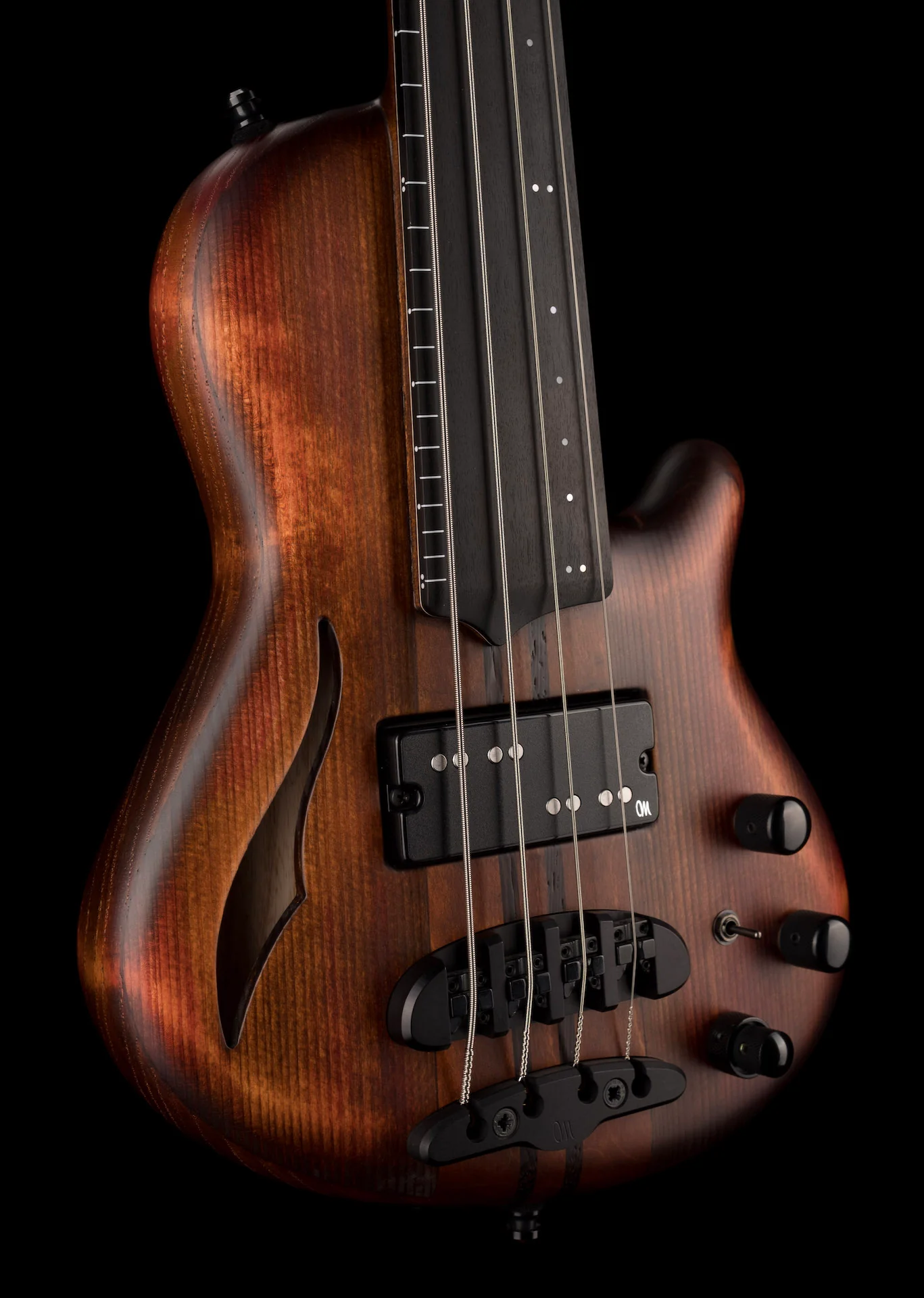 Mayones Cali4 Fretless Bass 17.5" Scale Swamp Ash Semi Hollow Body Spruce Top Antique Brown Matt Finish w Case - Image 7