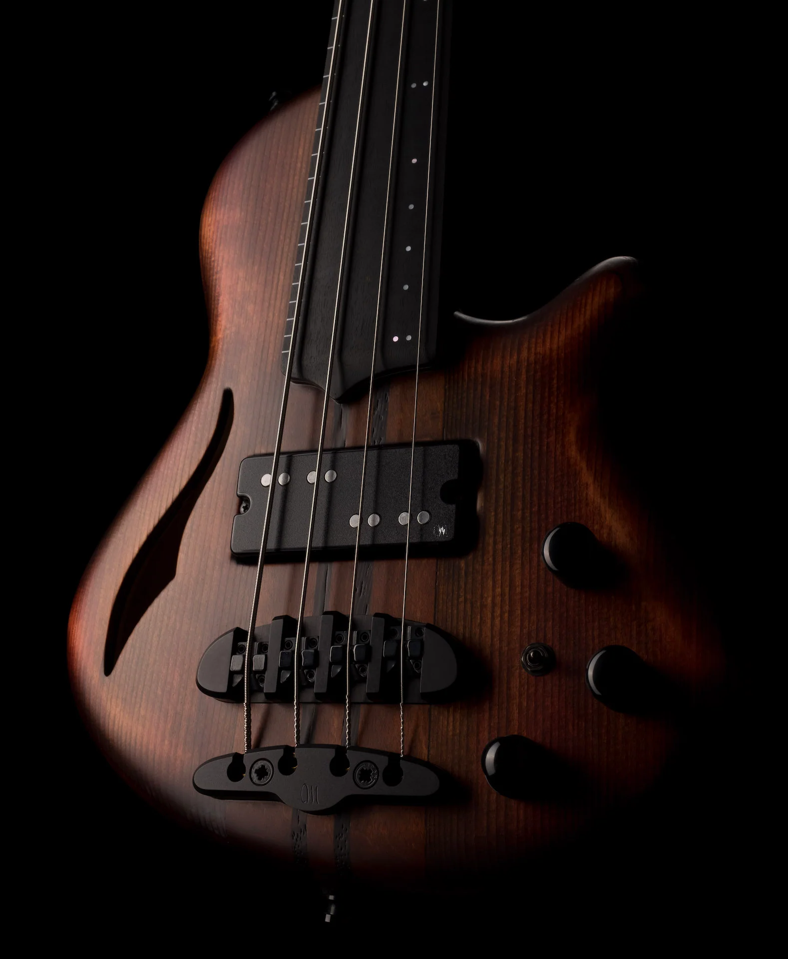 Mayones Cali4 Fretless Bass 17.5" Scale Swamp Ash Semi Hollow Body Spruce Top Antique Brown Matt Finish w Case - Image 8
