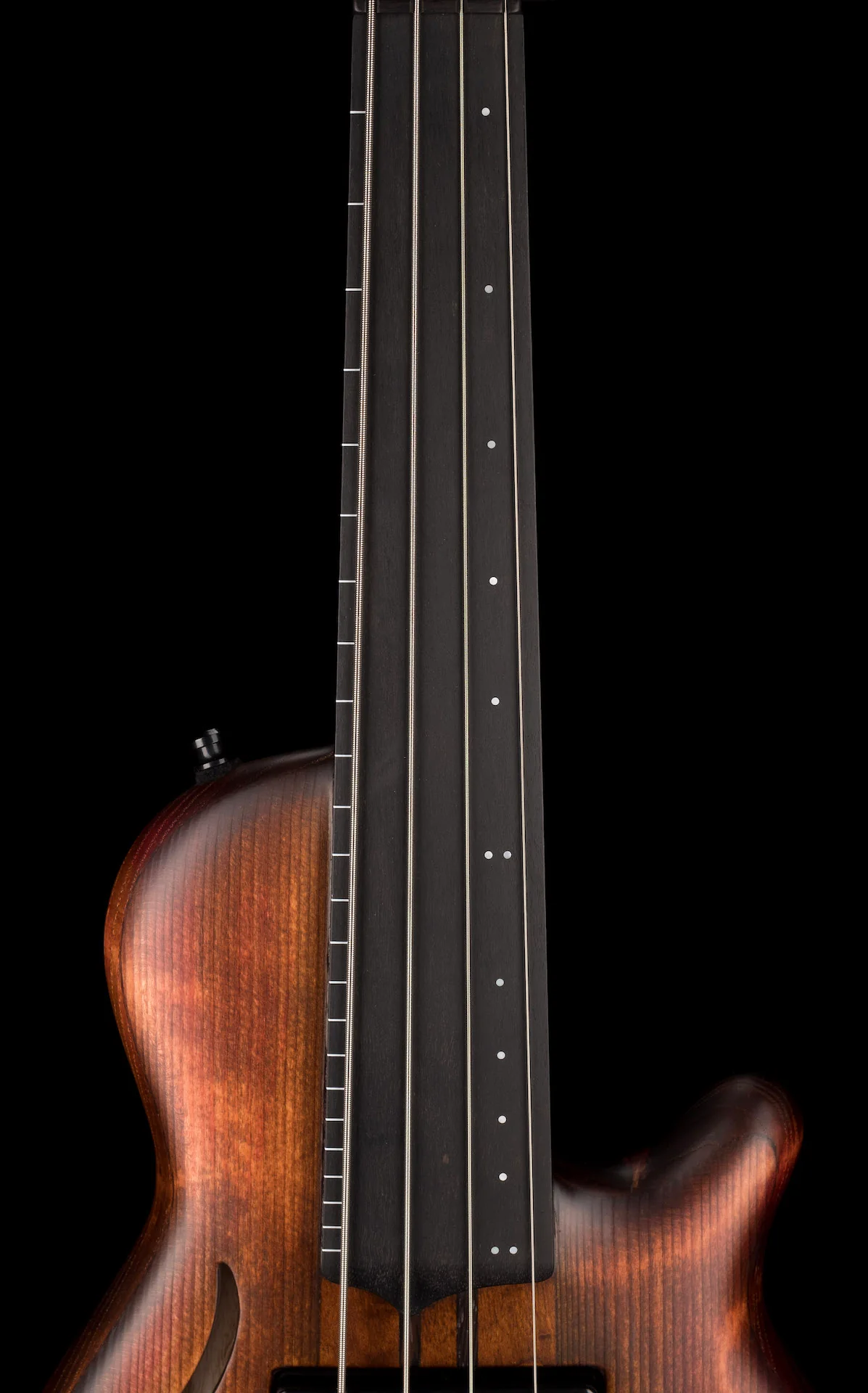 Mayones Cali4 Fretless Bass 17.5" Scale Swamp Ash Semi Hollow Body Spruce Top Antique Brown Matt Finish w Case - Image 9