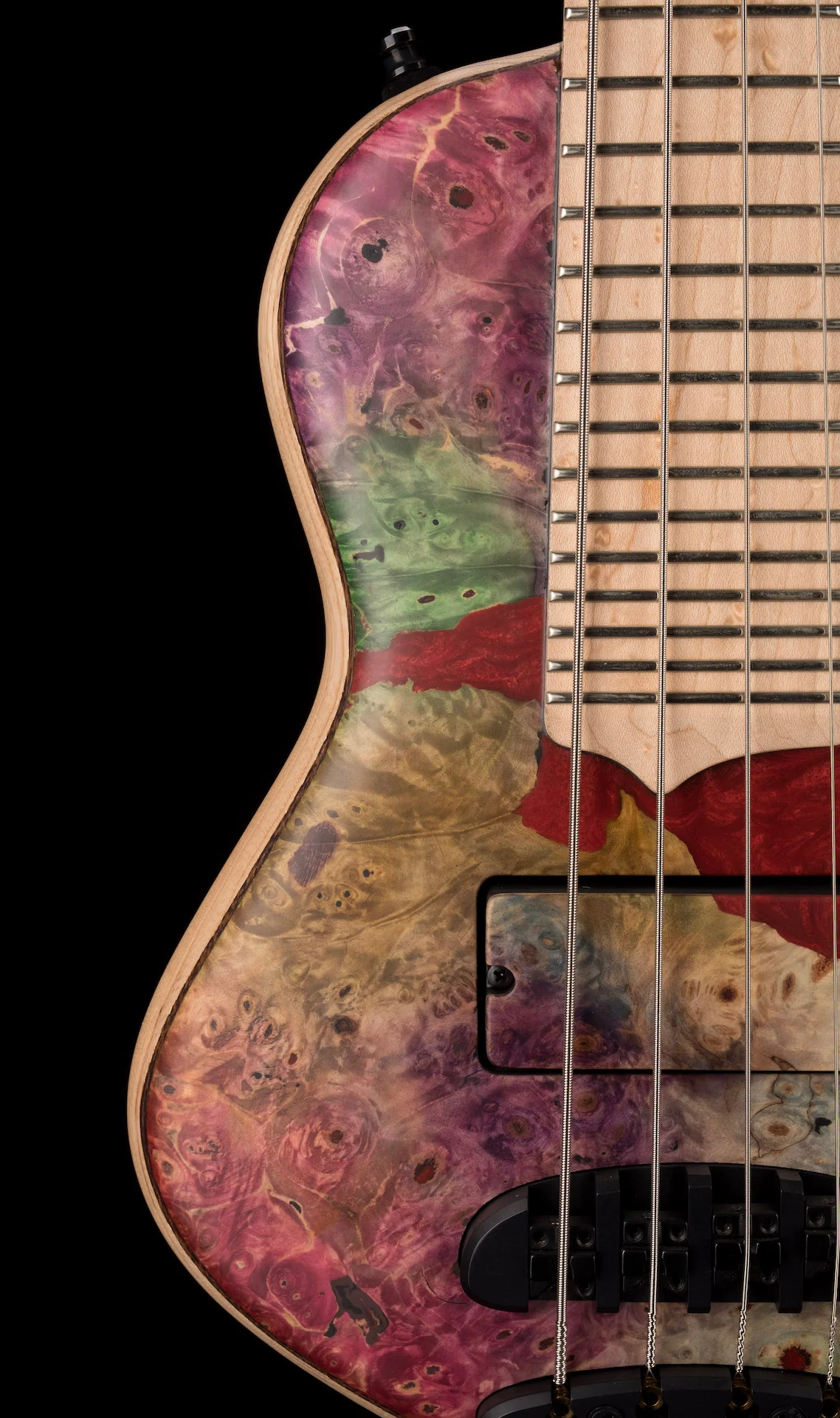 Mayones Cali4 17.5" Scale Bass Swamp Ash Body Buckeye Burl Top Custom Color Matt Finish with Case - Image 6