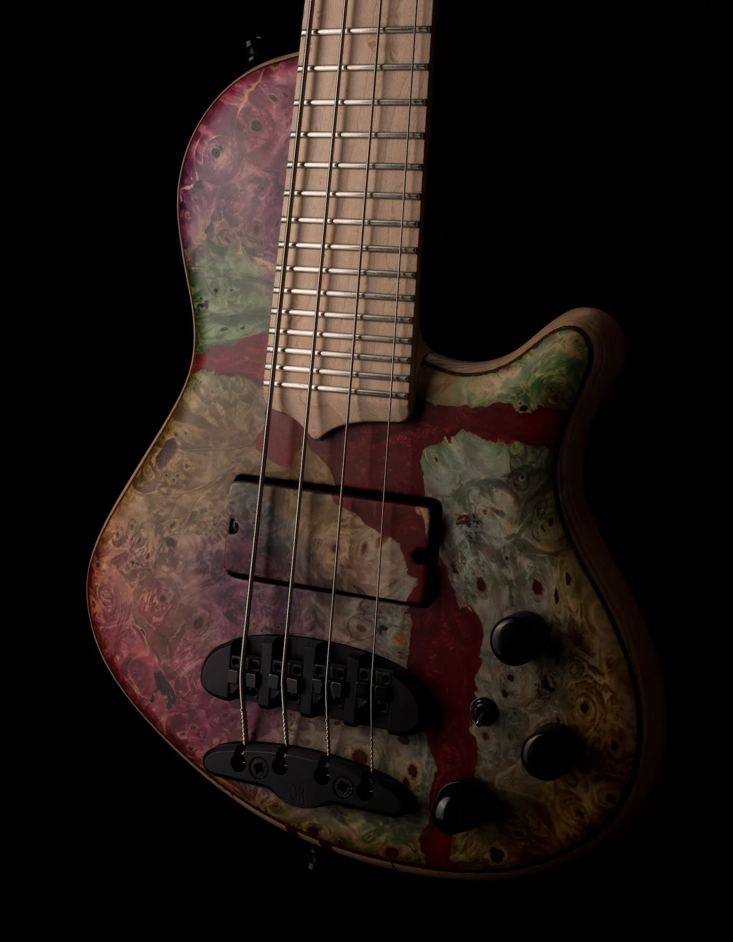 Mayones Cali4 17.5" Scale Bass Swamp Ash Body Buckeye Burl Top Custom Color Matt Finish with Case - Image 7