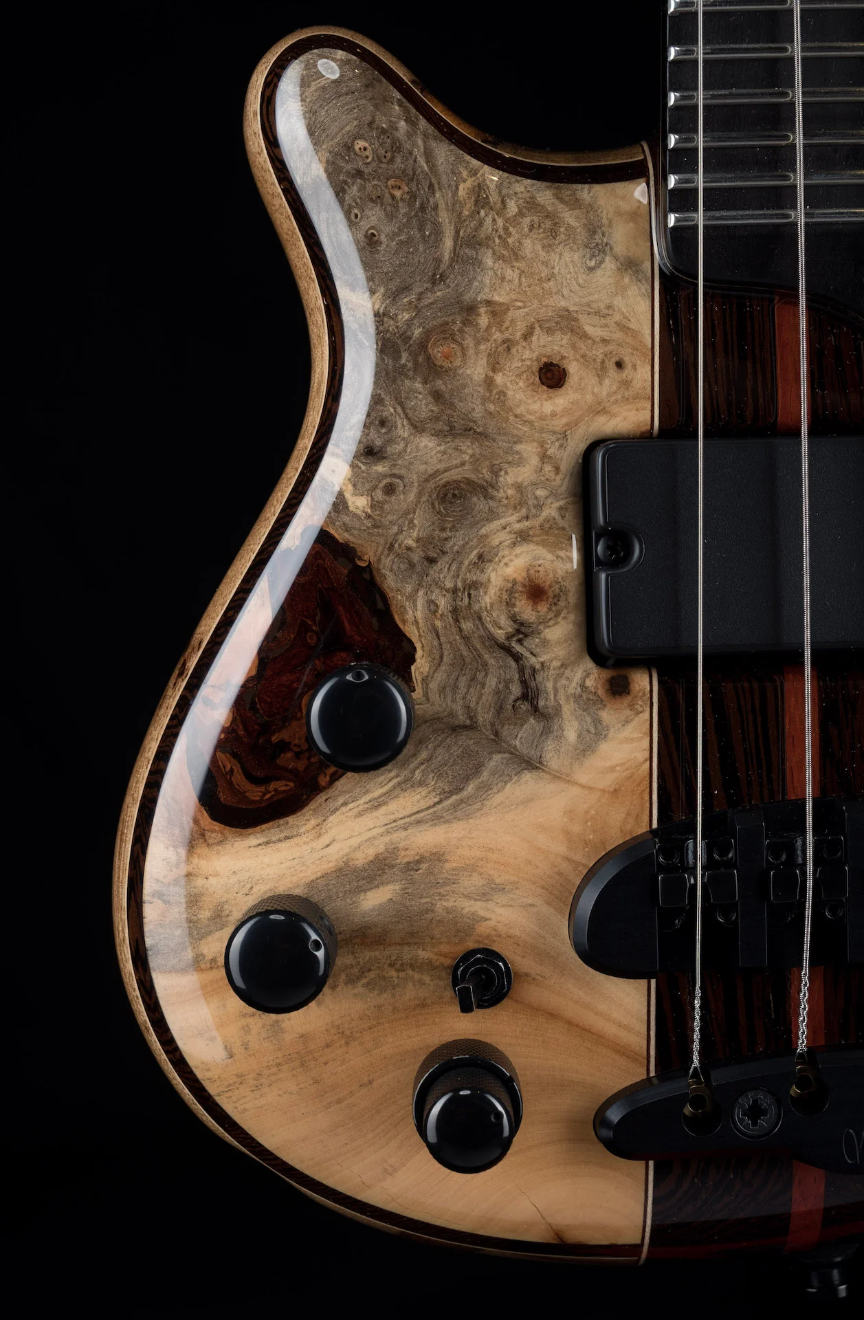 Mayones Cali4LH Left Handed Bass Black Limba Body Buckeye Burl Top Ebony Board 5pc Wenge Neck - Image 3