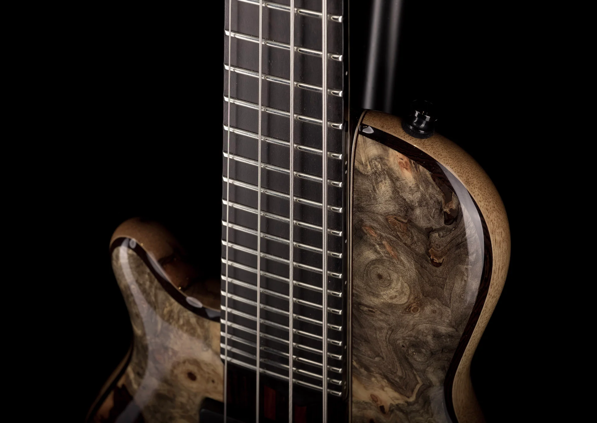 Mayones Cali4LH Left Handed Bass Black Limba Body Buckeye Burl Top Ebony Board 5pc Wenge Neck - Image 5