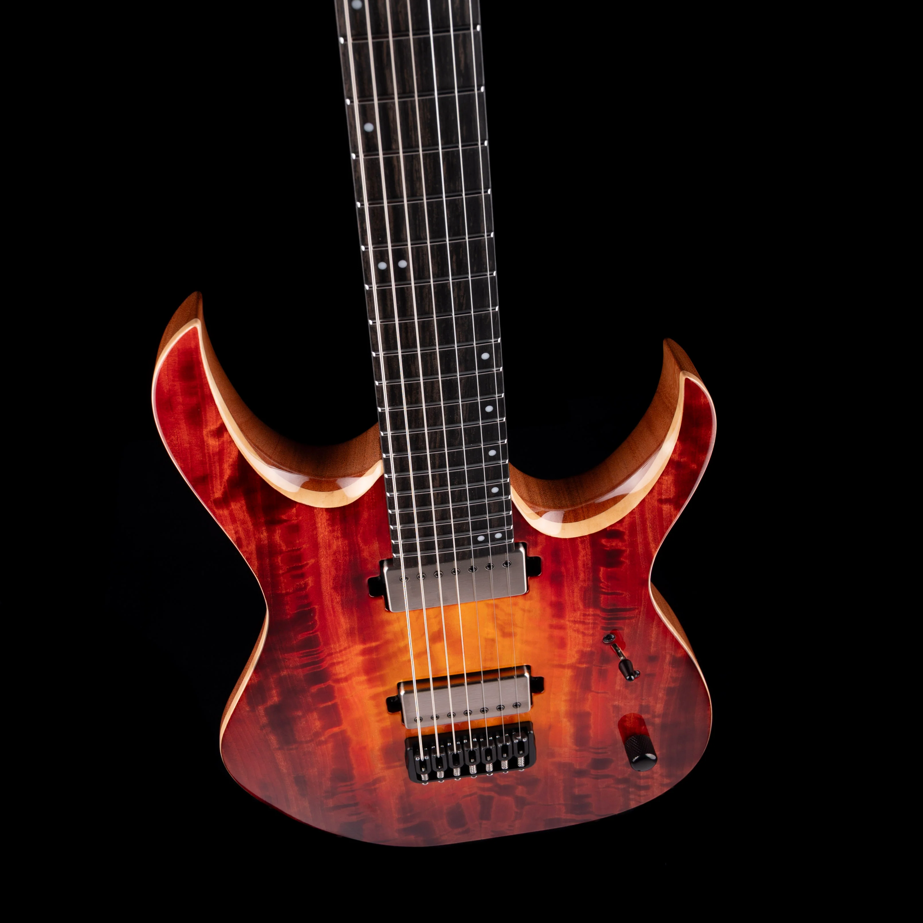 Mayones Duvell Elite 7 (26.5" Scale) Curly Poplar Top Lava Burst with Soft Case - Image 3