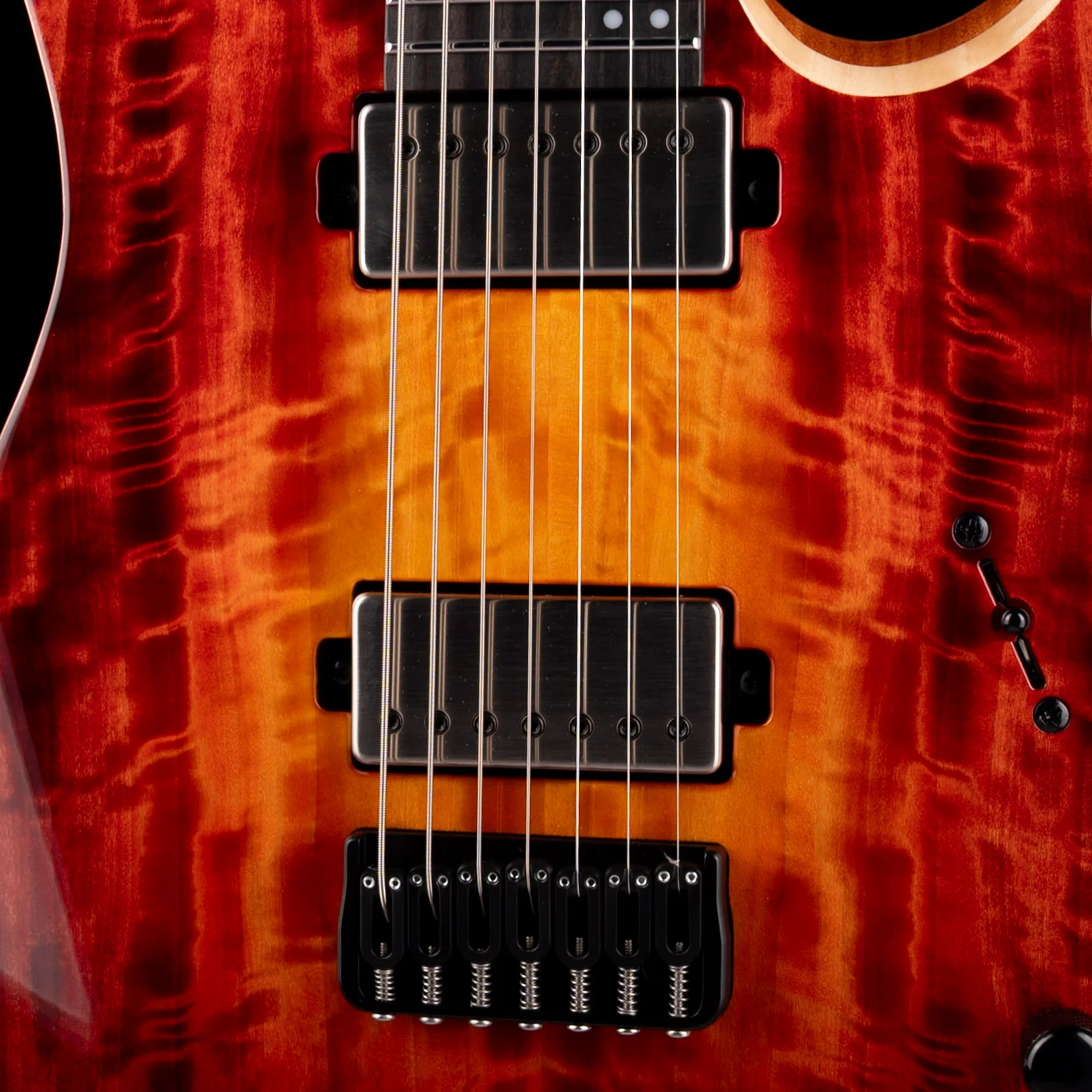 Mayones Duvell Elite 7 (26.5" Scale) Curly Poplar Top Lava Burst with Soft Case - Image 4