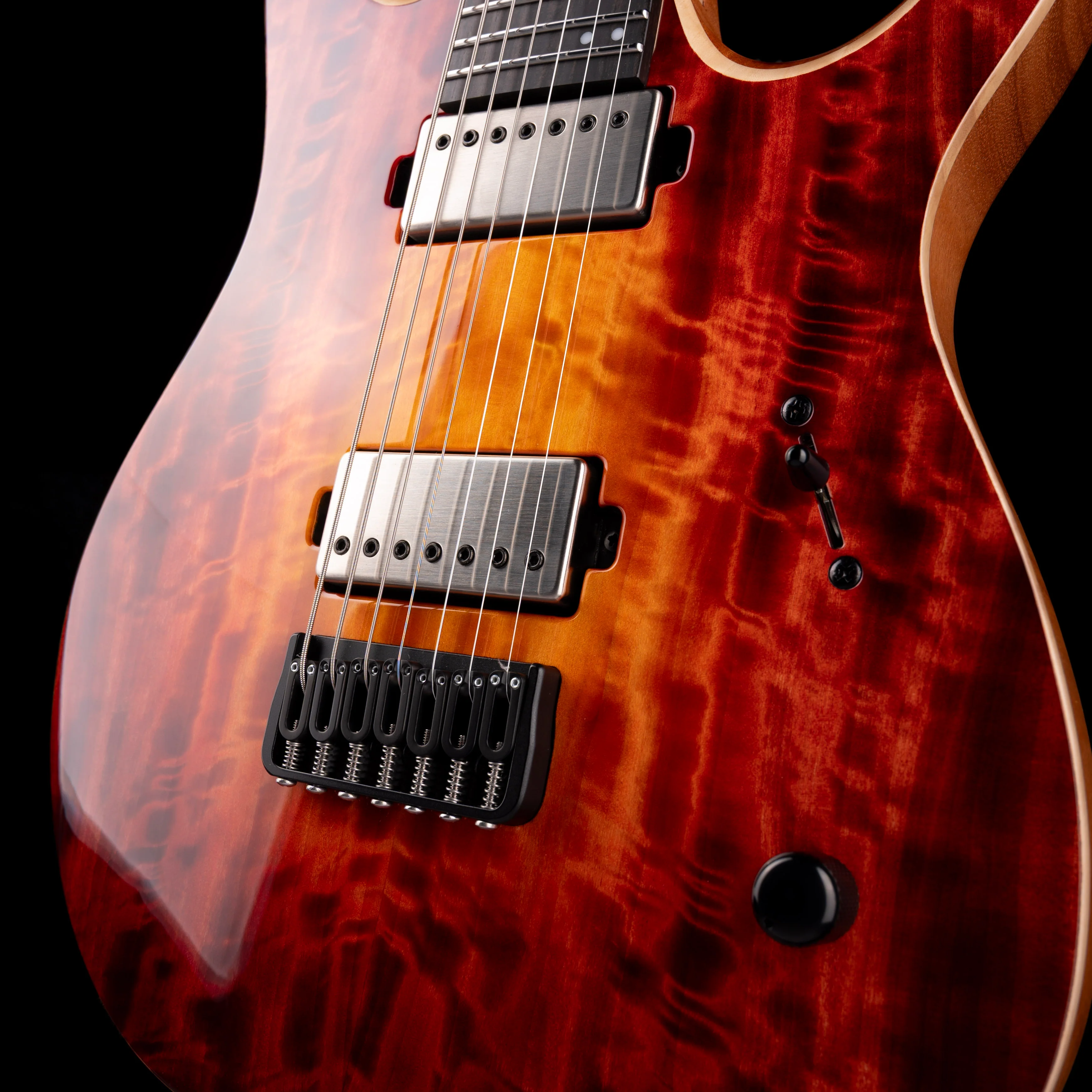 Mayones Duvell Elite 7 (26.5" Scale) Curly Poplar Top Lava Burst with Soft Case - Image 5