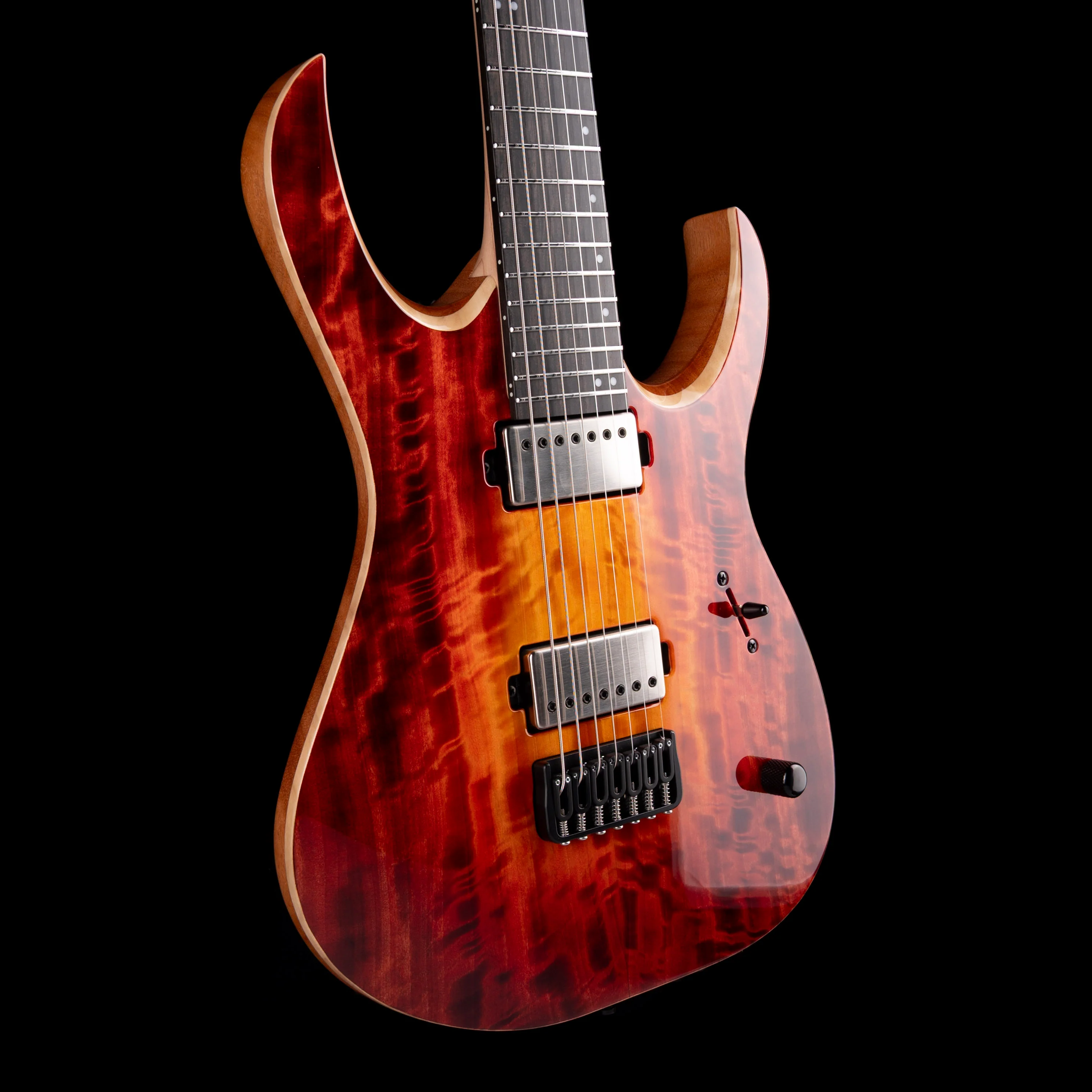 Mayones Duvell Elite 7 (26.5" Scale) Curly Poplar Top Lava Burst with Soft Case - Image 6