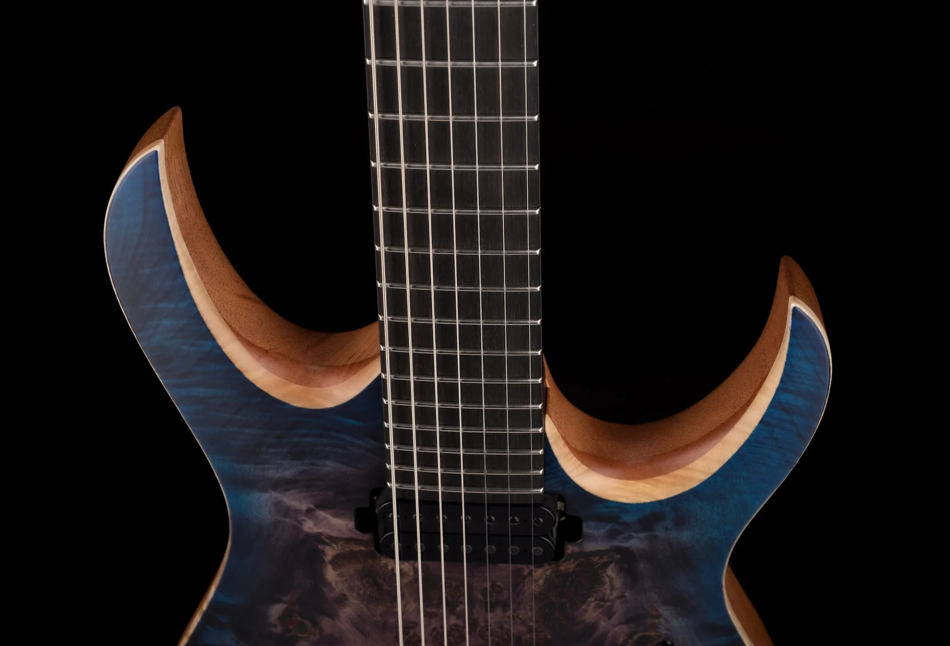 Mayones Duvell Elite 7 String 27" Baritone Dirty Purple Blue Burst - Image 3