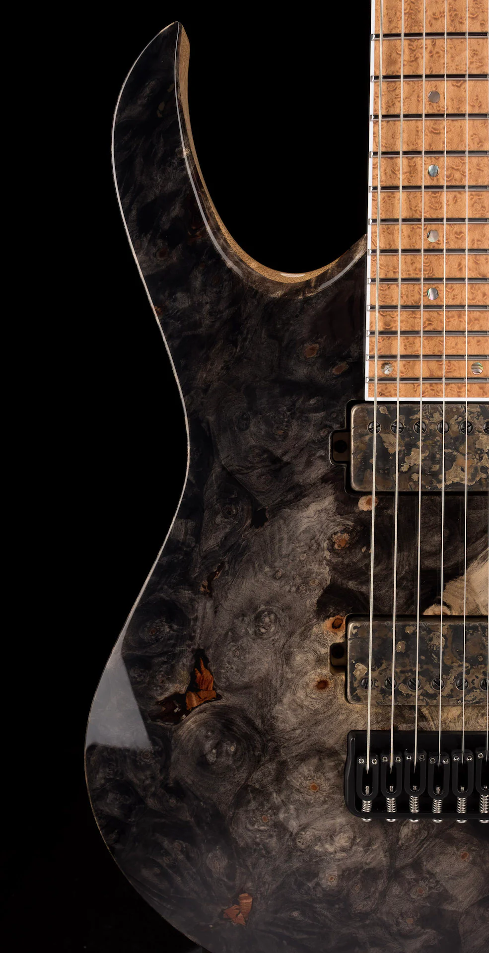 Mayones Duvelle Elte 6 40th Anniversary Master Builder Buckeye Burl Top Natural Fade Gloss Blackburst - Image 11
