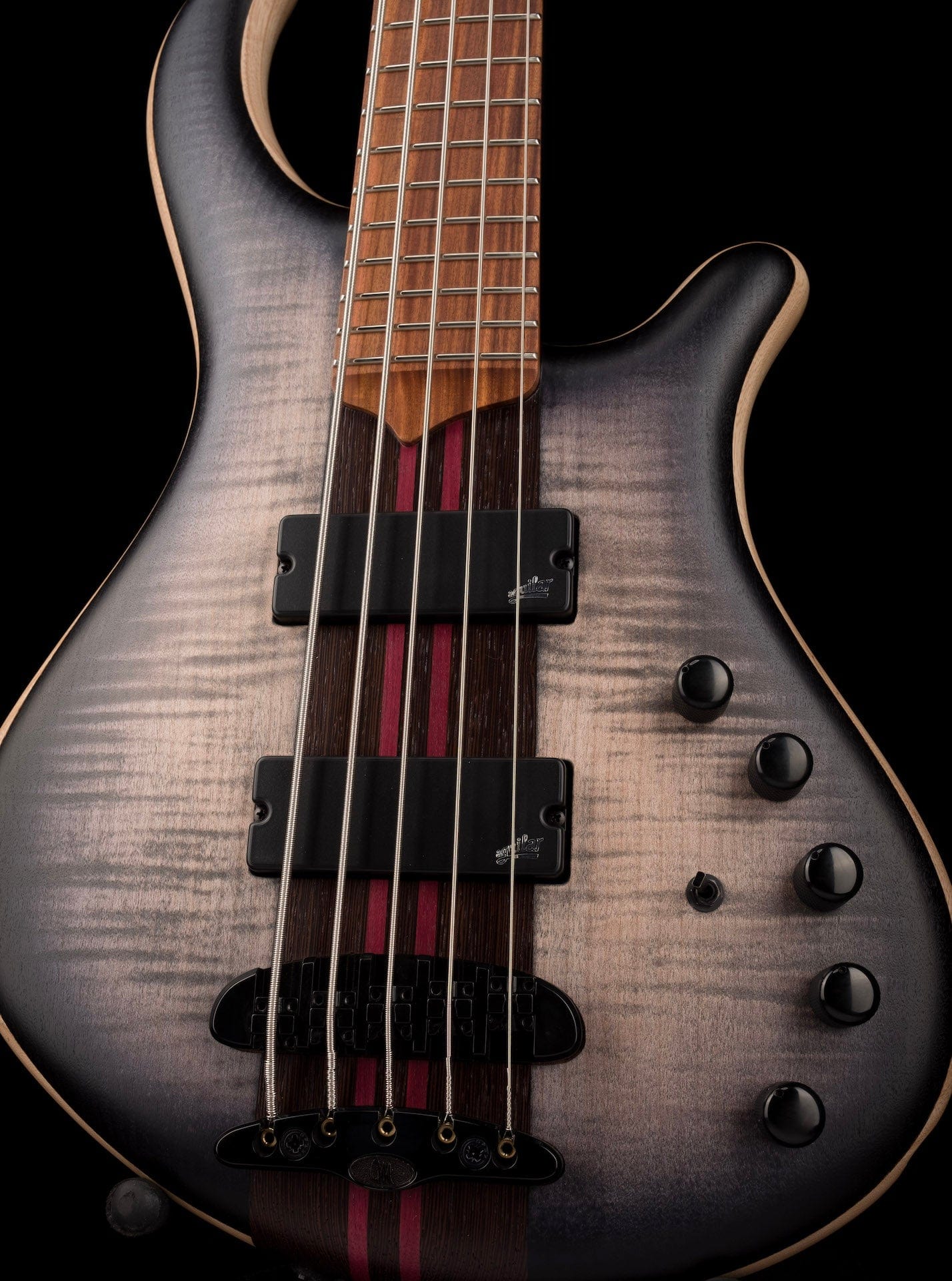 Mayones Patriot Flame Top 5 String Bass Guitar Transparent Jeans Black 2-Tone Burst With Case - Image 9