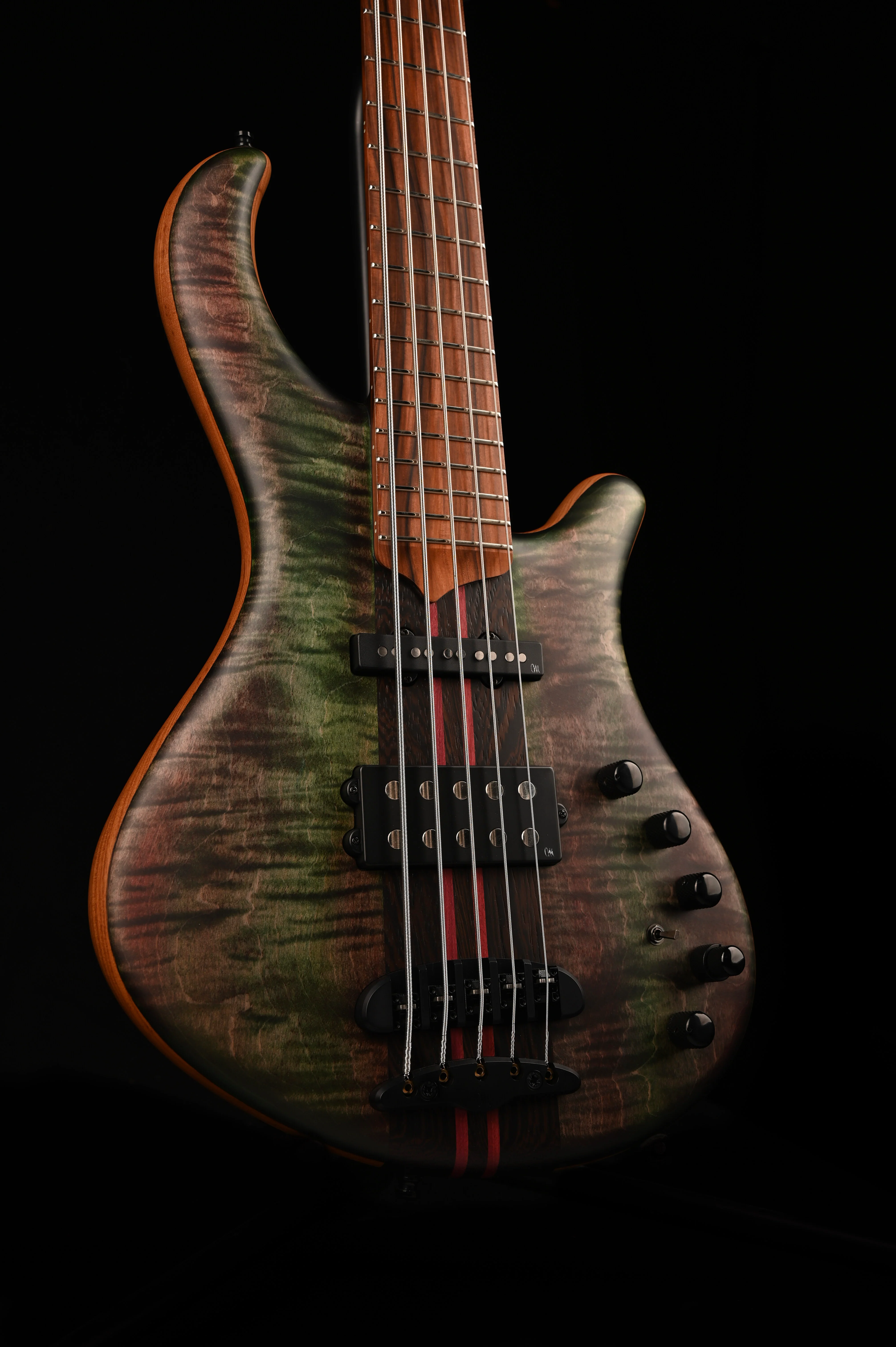Mayones Patriot Tank 5 String Bass Guitar Flame Top Transparent Green with Case - Image 3