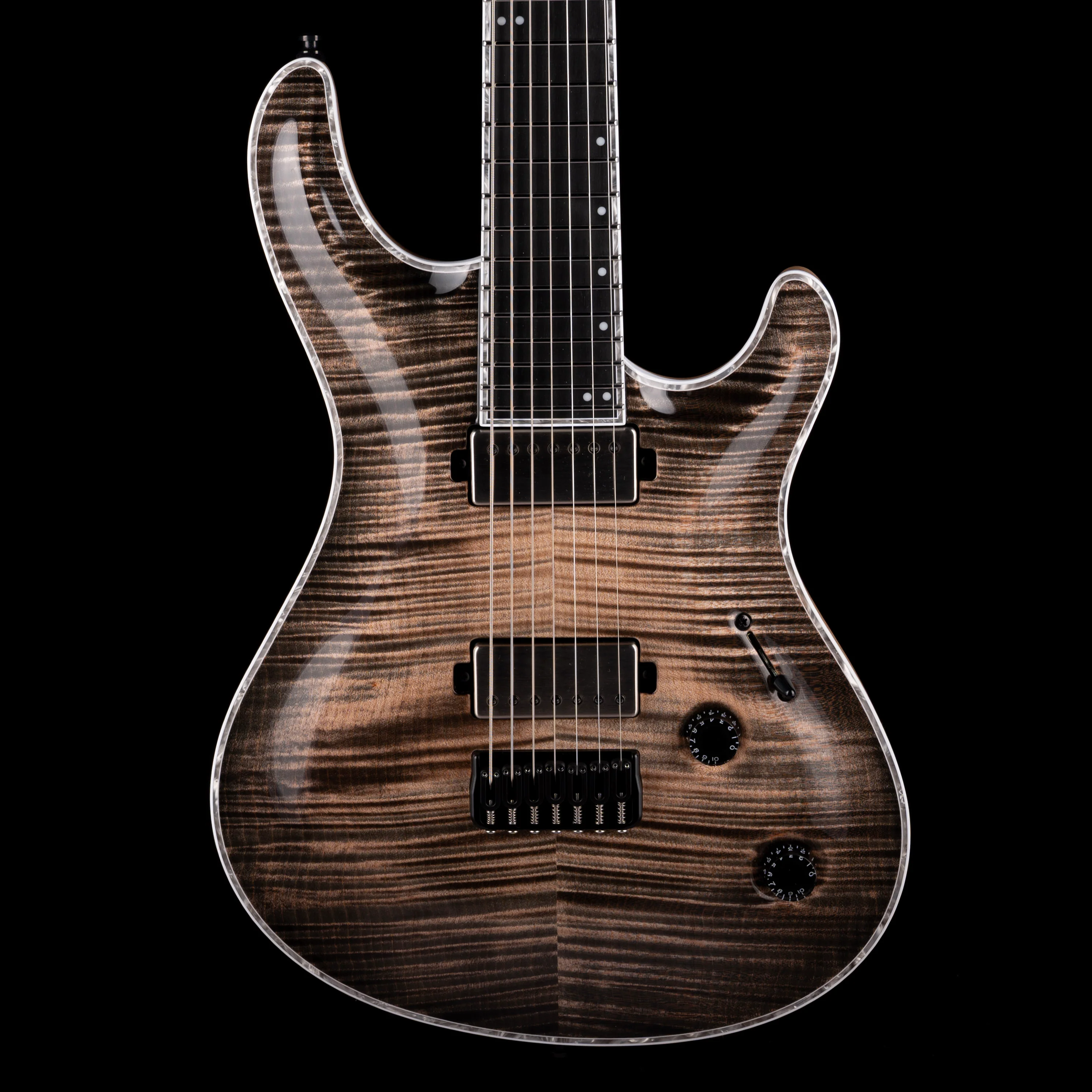 Mayones Regius 7 Baritone 27" Scale 4A Flame Maple Top Black Feather