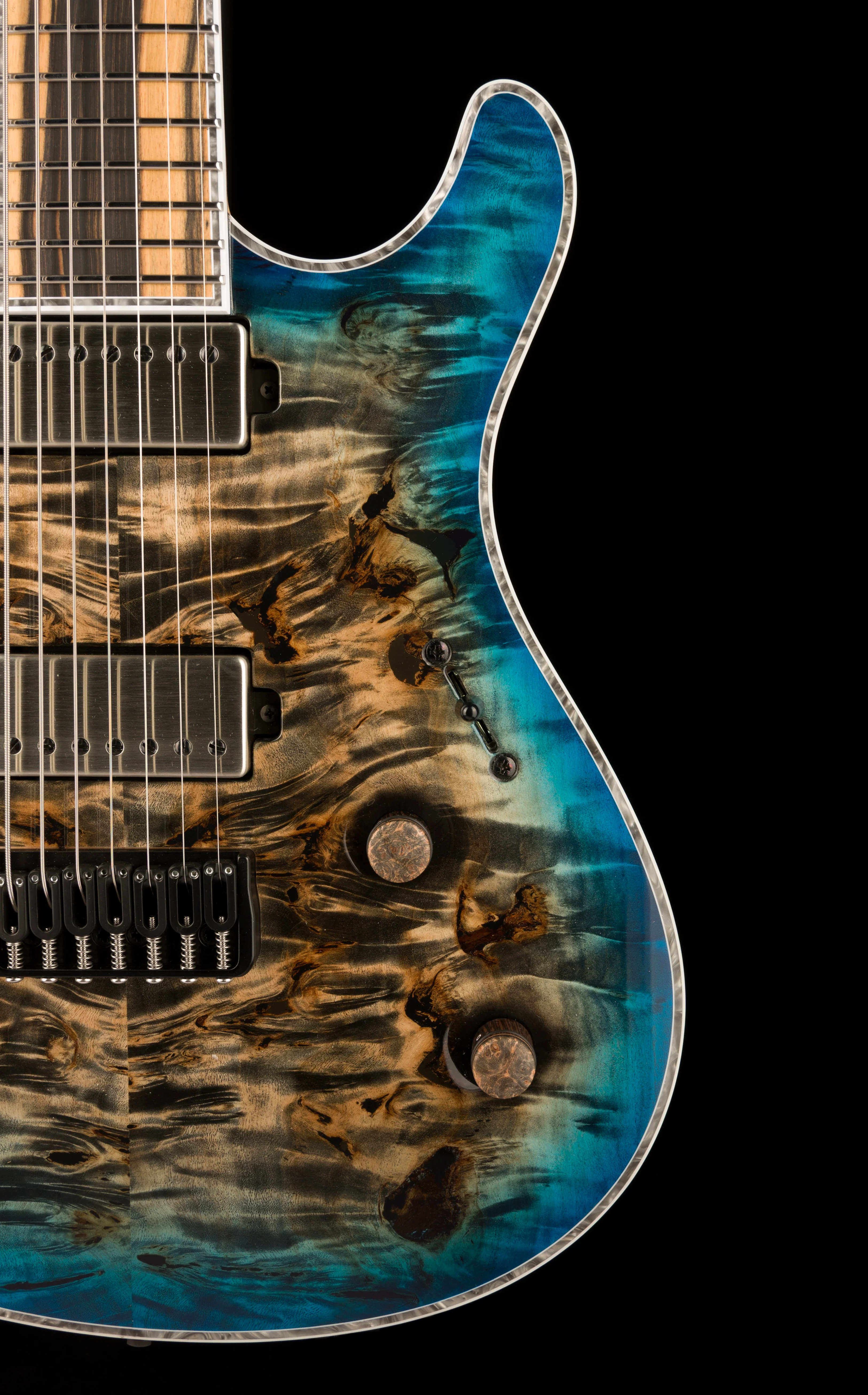 Mayones Regius 7 String Baritone Master Grade Eye Poplar Black Limba Jeans Black 2Tone Blue Burst Gloss - Image 9